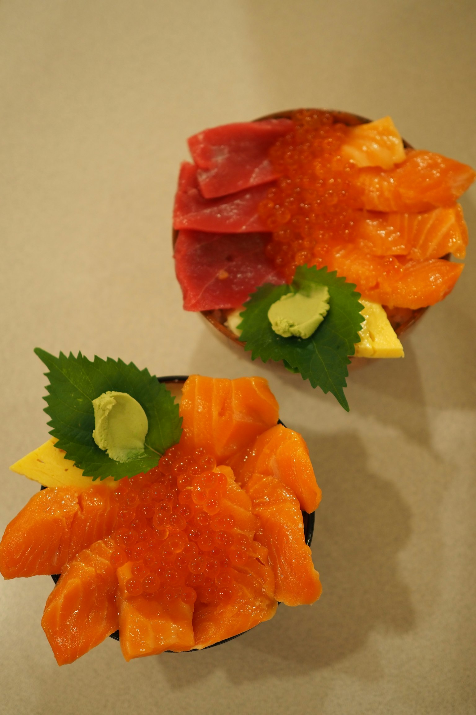 Teller mit lebhaftem Lachs- und Thunfischsashimi schön angerichtet