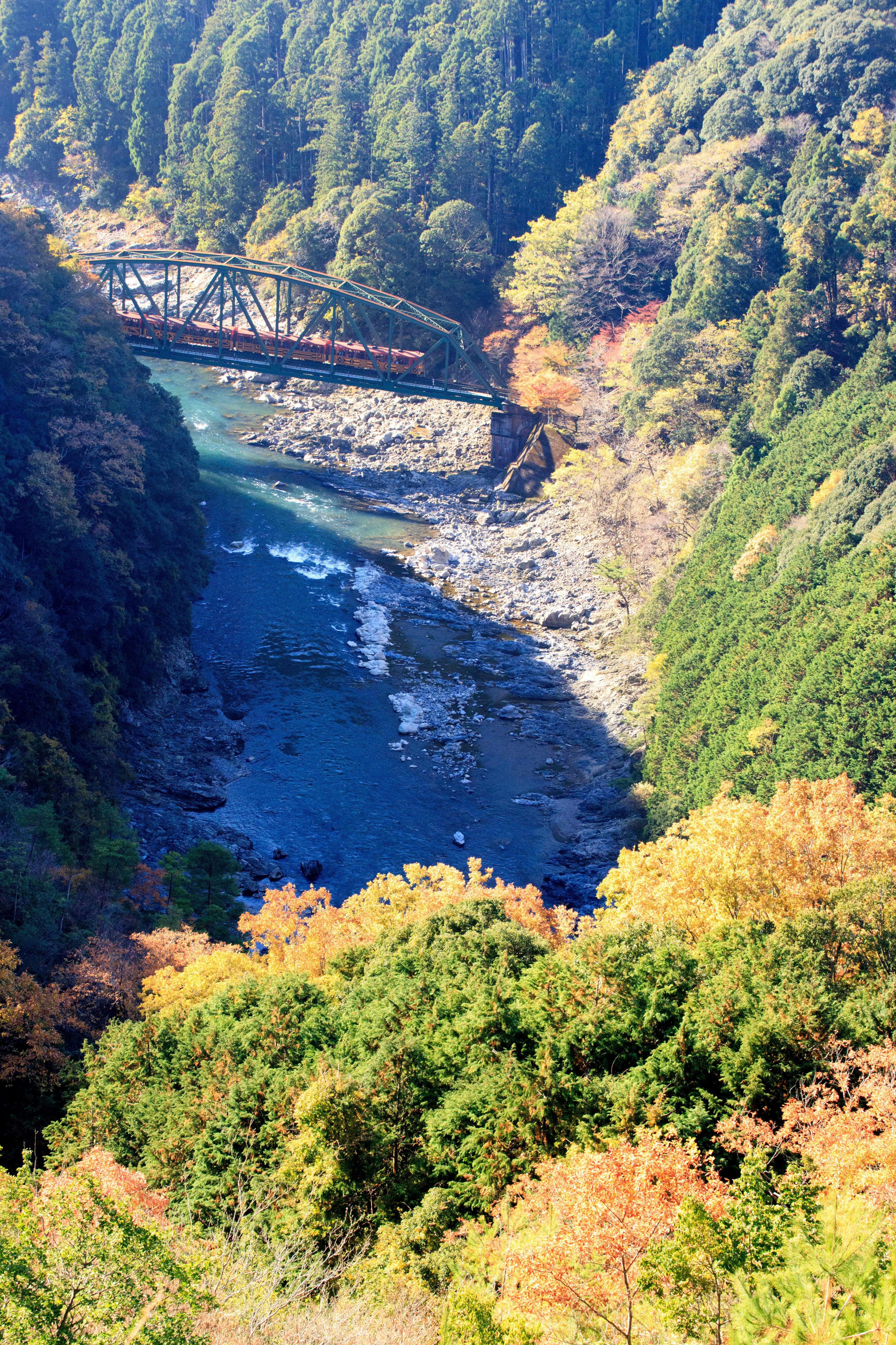 渓谷を流れる川と山の紅葉、鉄橋の眺め
