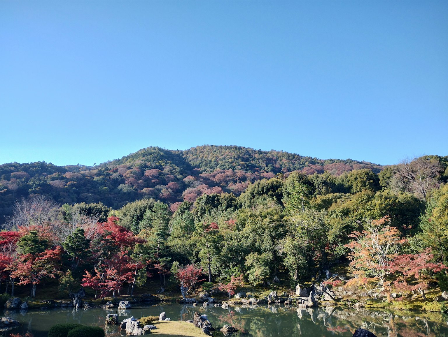 Scenic view of autumn-colored mountains and a tranquil pond