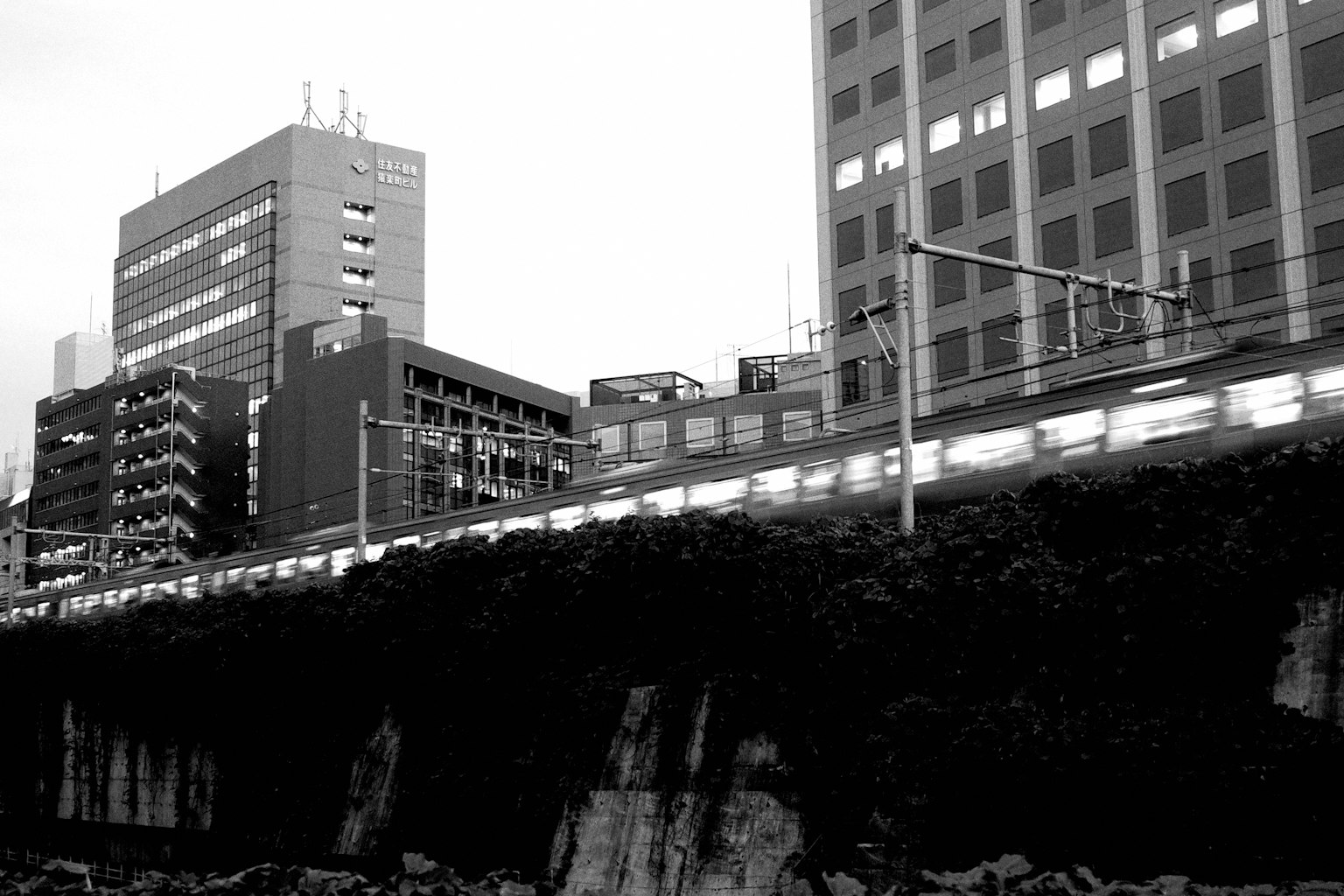 高層ビルと鉄道が見える都市の風景モノクロ写真