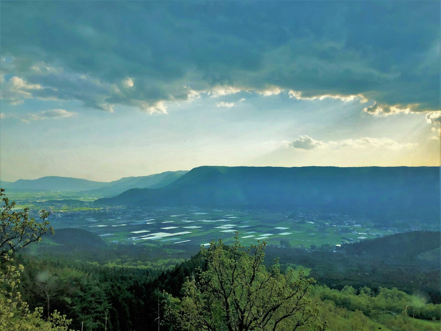 蓝色山脉和云彩的风景 绿色山谷和稻田在傍晚的光线下