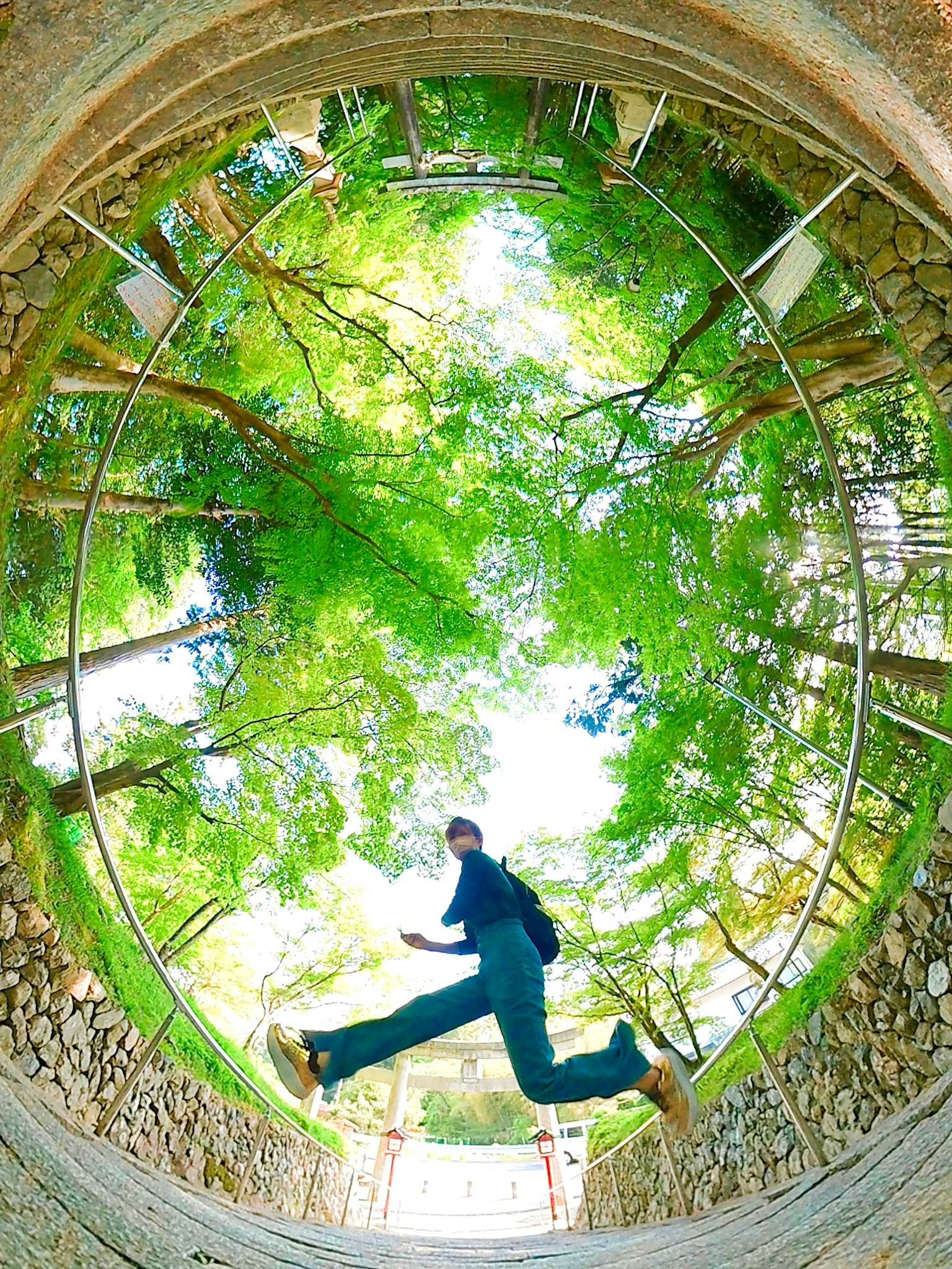 Person running under green trees captured in a circular composition