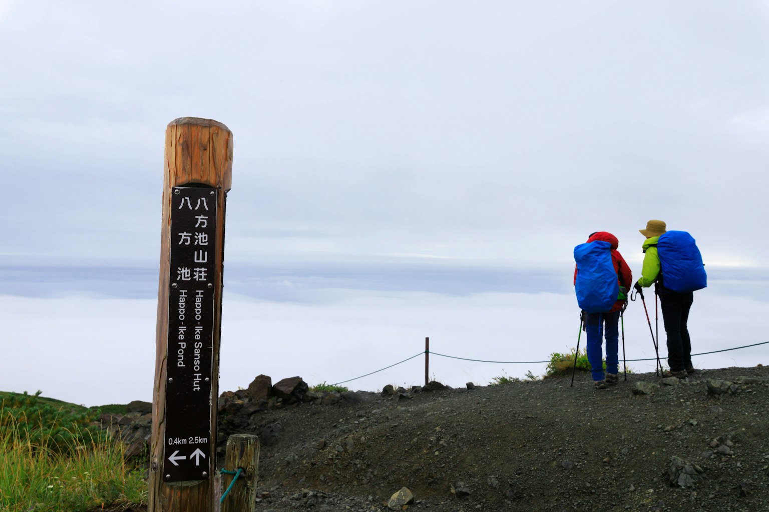 Wanderer, die das Wolkenmeer in der Nähe eines Bergweg-Schildes beobachten