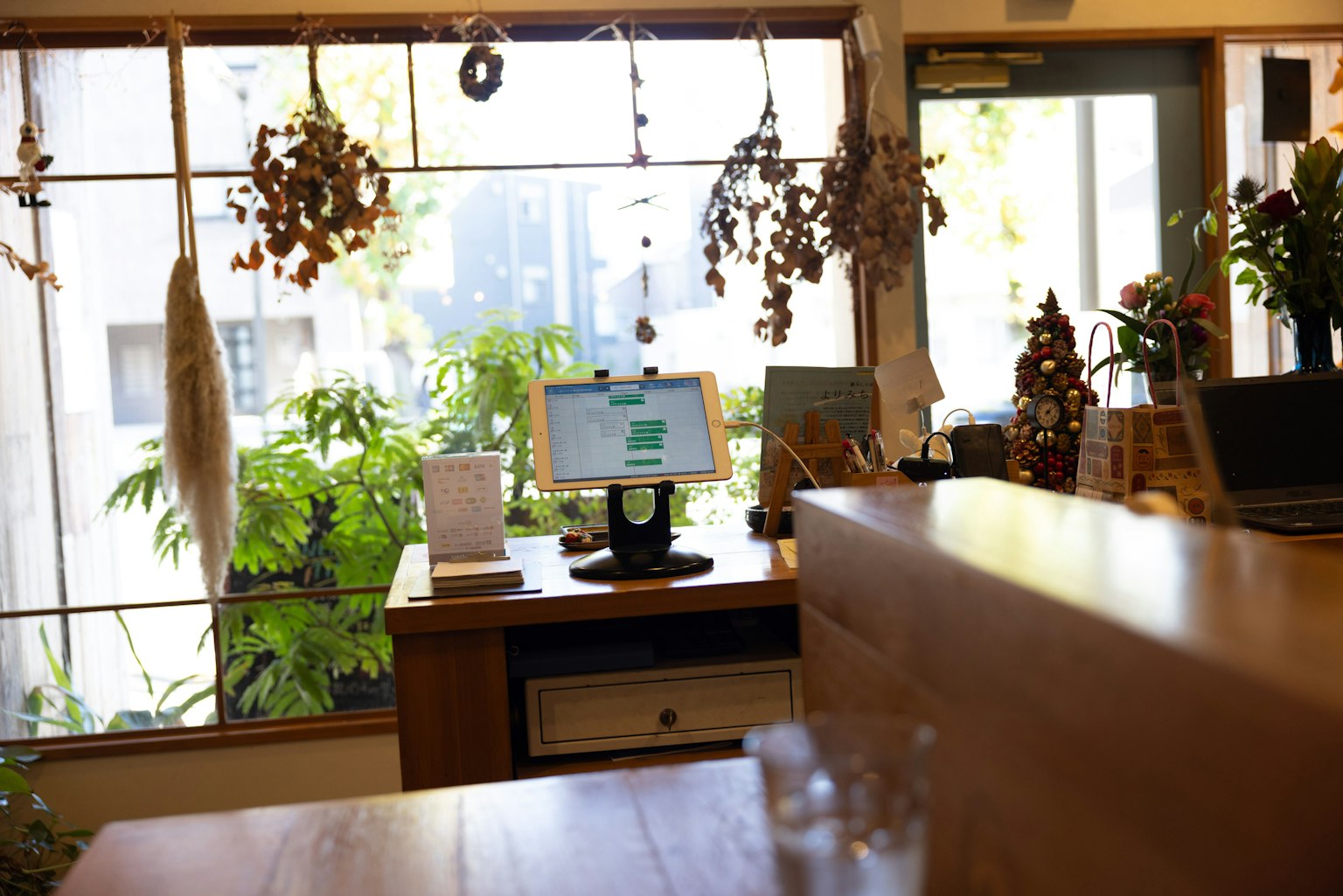 Interior view of a cafe with hanging plants and a counter featuring a monitor