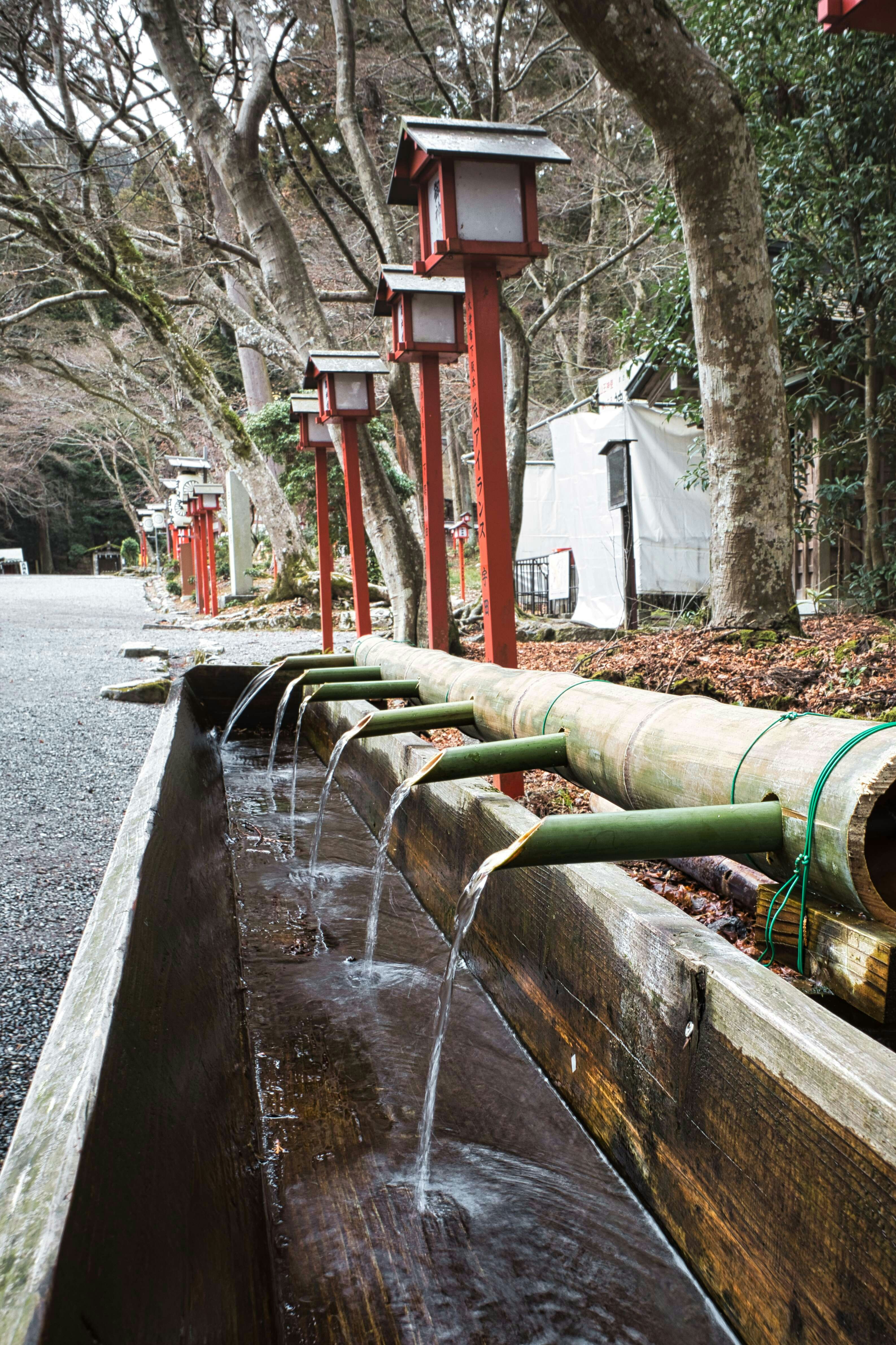 fila di mestoli e getti d’acqua con canne di bambù