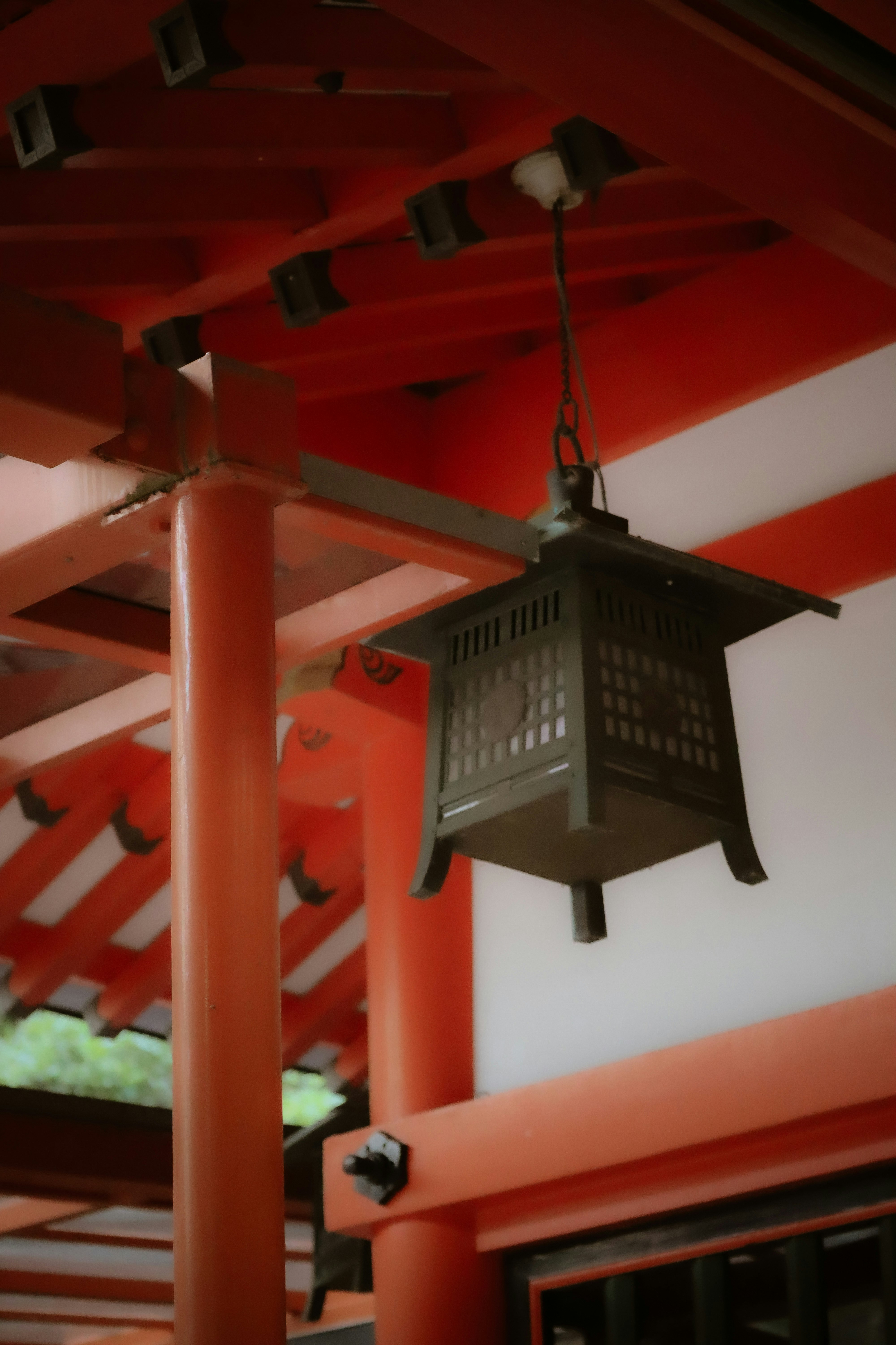 赤い鳥居と吊り灯籠のある神社の参道