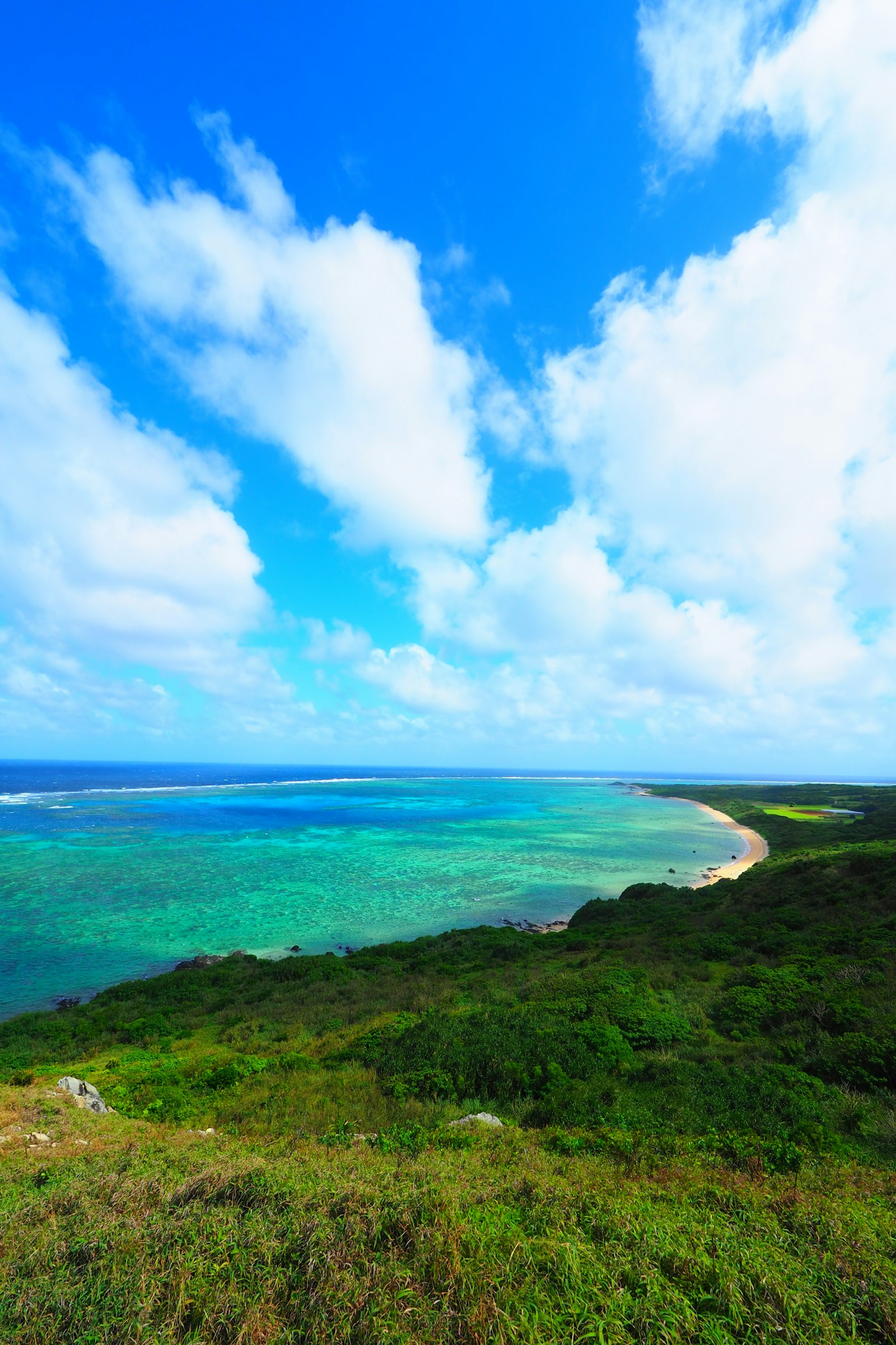 Paysage magnifique avec mer bleue et collines vertes