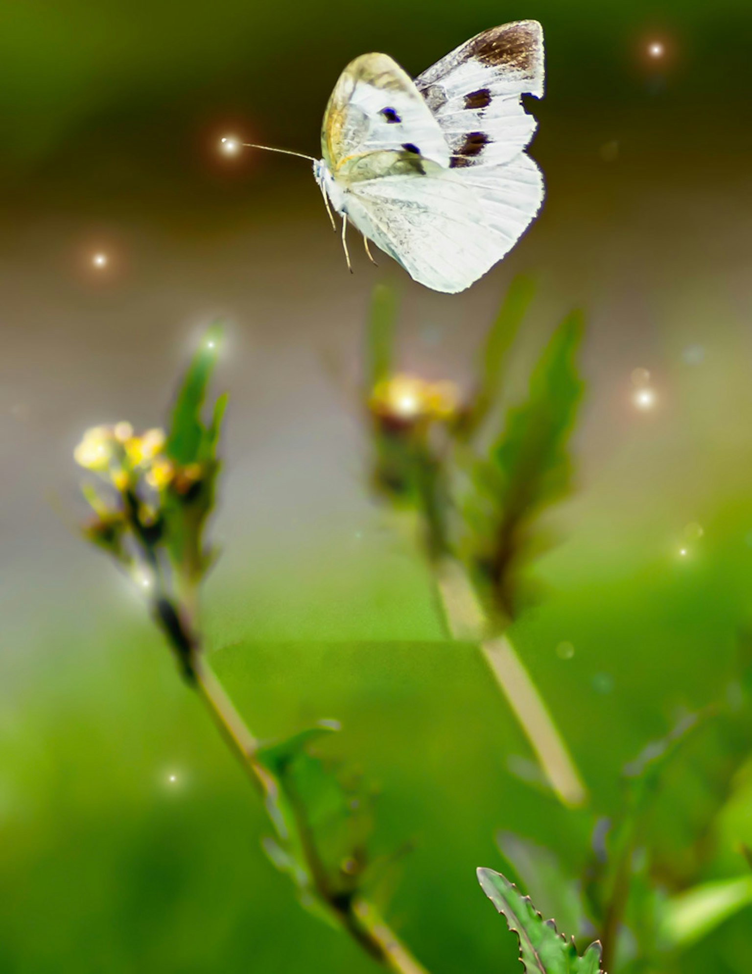 Una mariposa blanca flotando sobre flores con un fondo verde