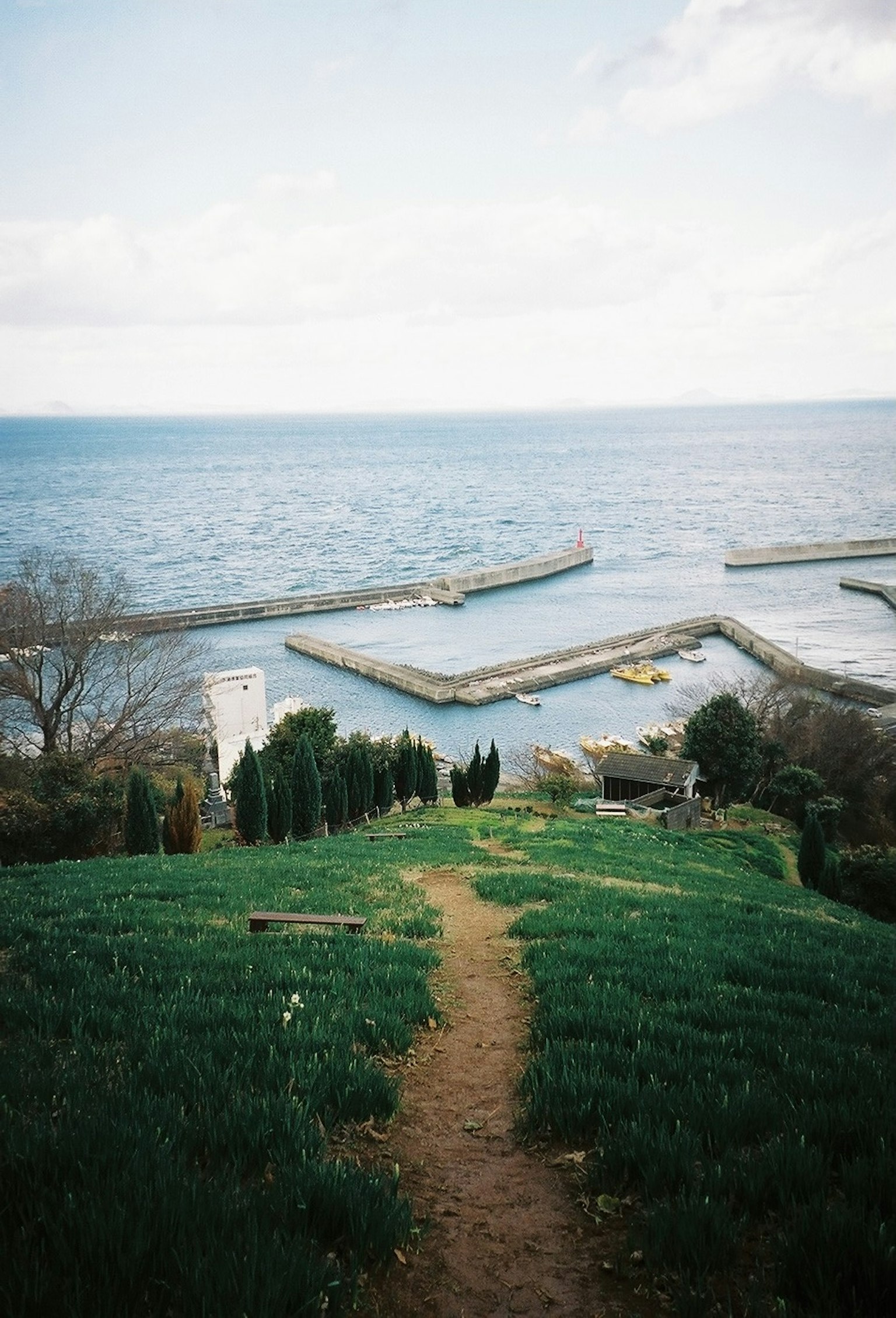 A scenic view from a green hill overlooking the blue sea and breakwaters
