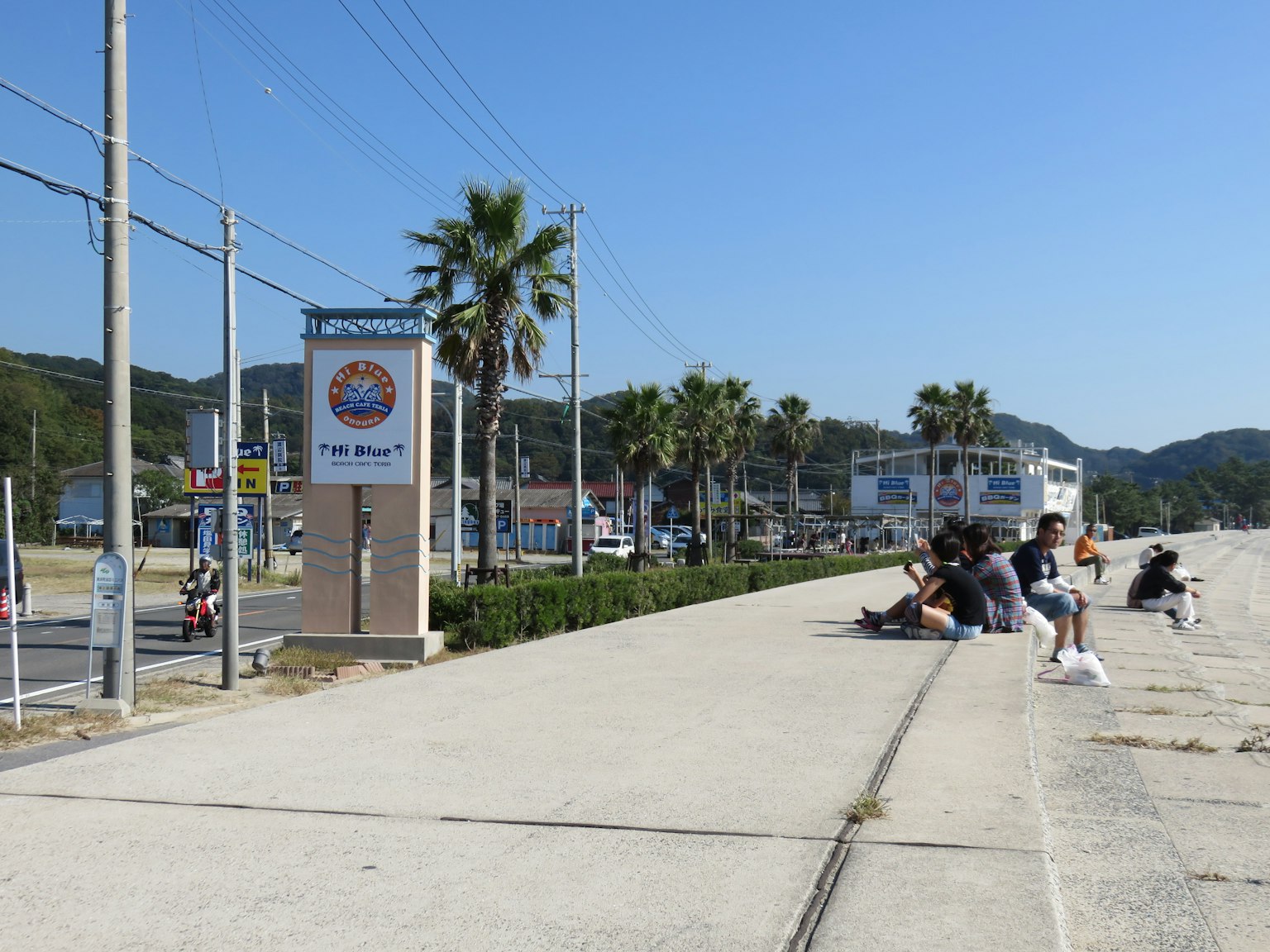 Coastal walkway with people sitting and palm trees
