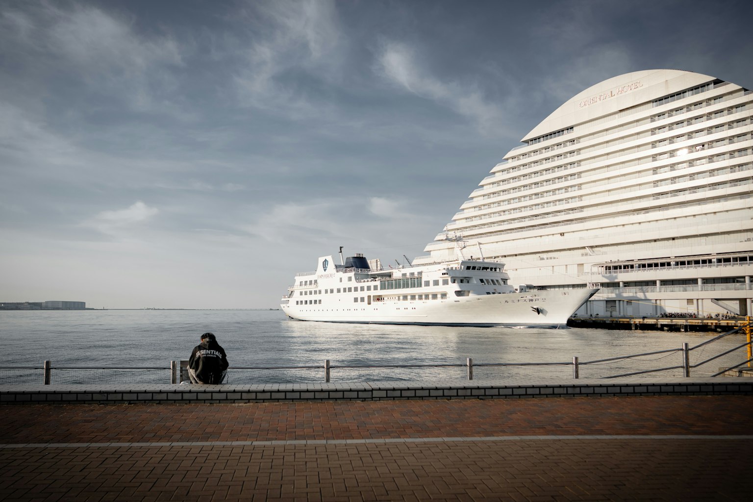 A person sitting by the calm waterfront with a modern ship in the background