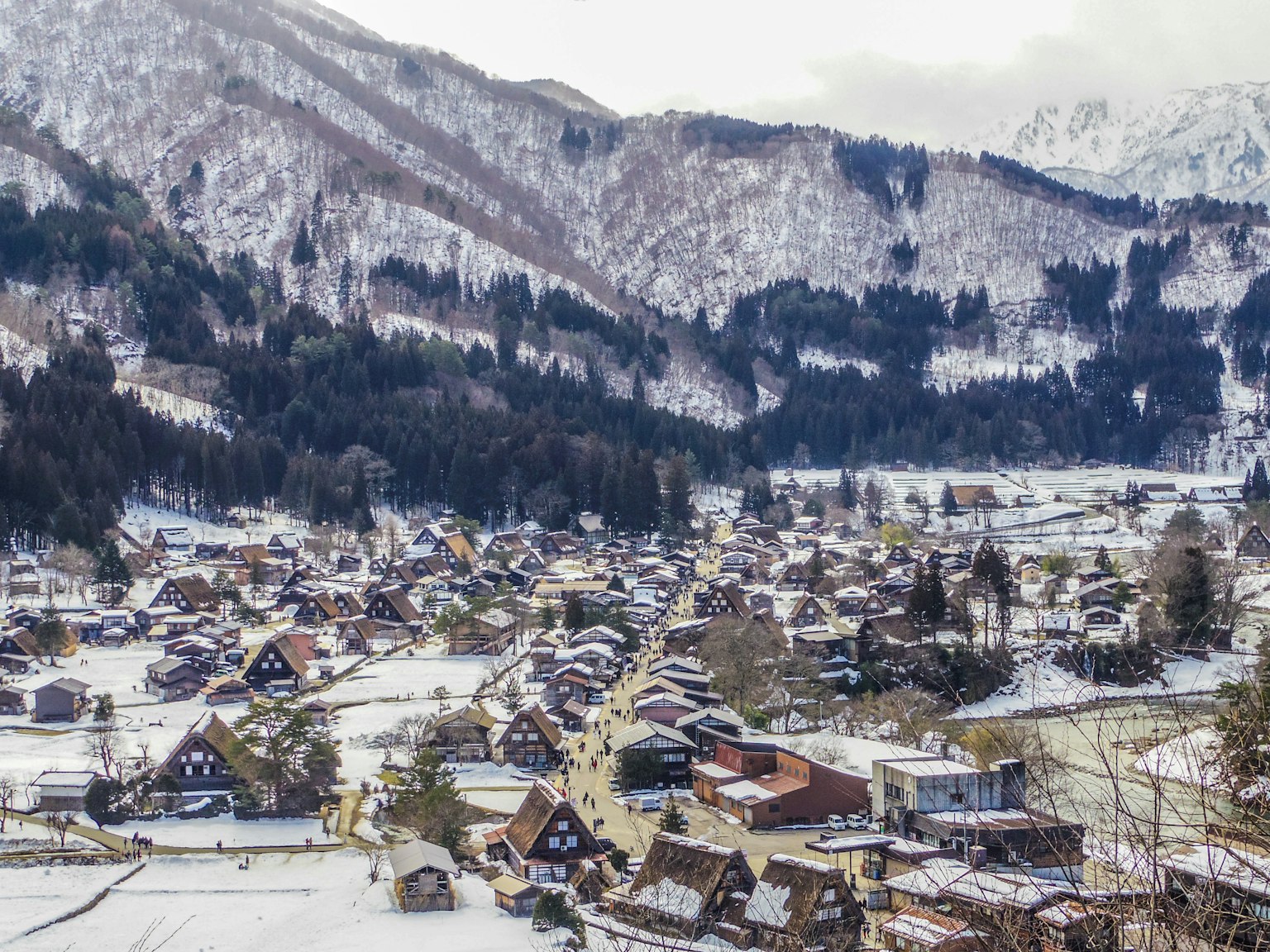 A panoramic view of a snow-covered mountain village featuring traditional houses and surrounding nature