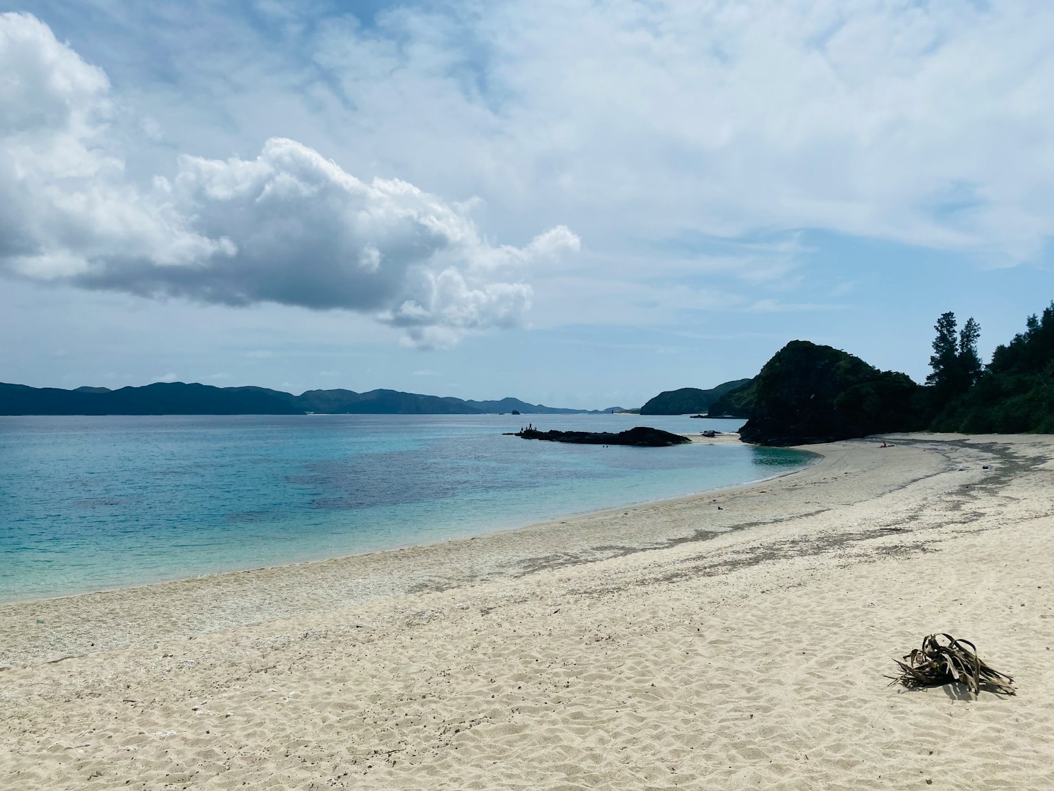 Serene beach landscape with calm sea and white sandy shore