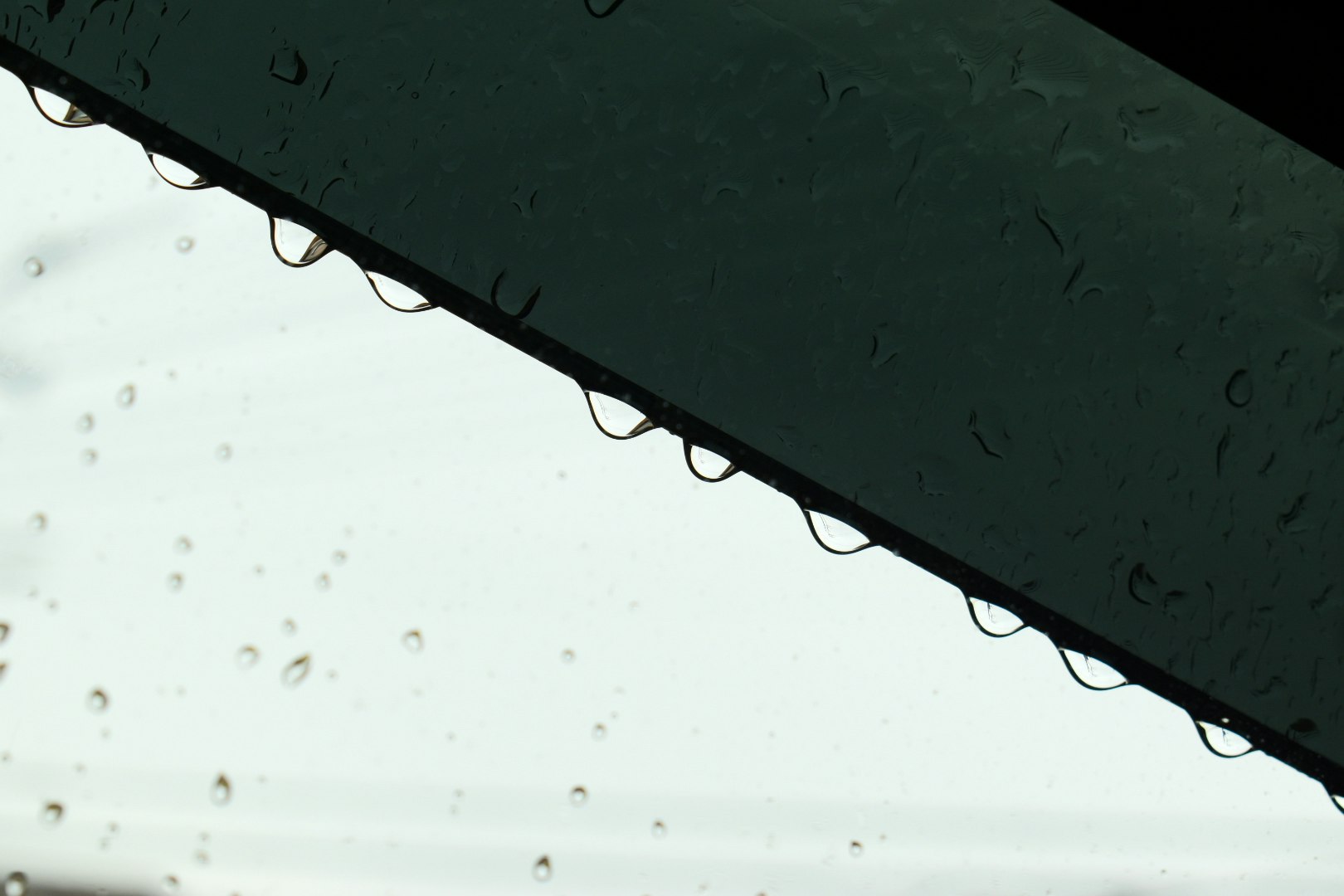 雨粒が付いたドアバイザーの滴り落ちる雨の軒先