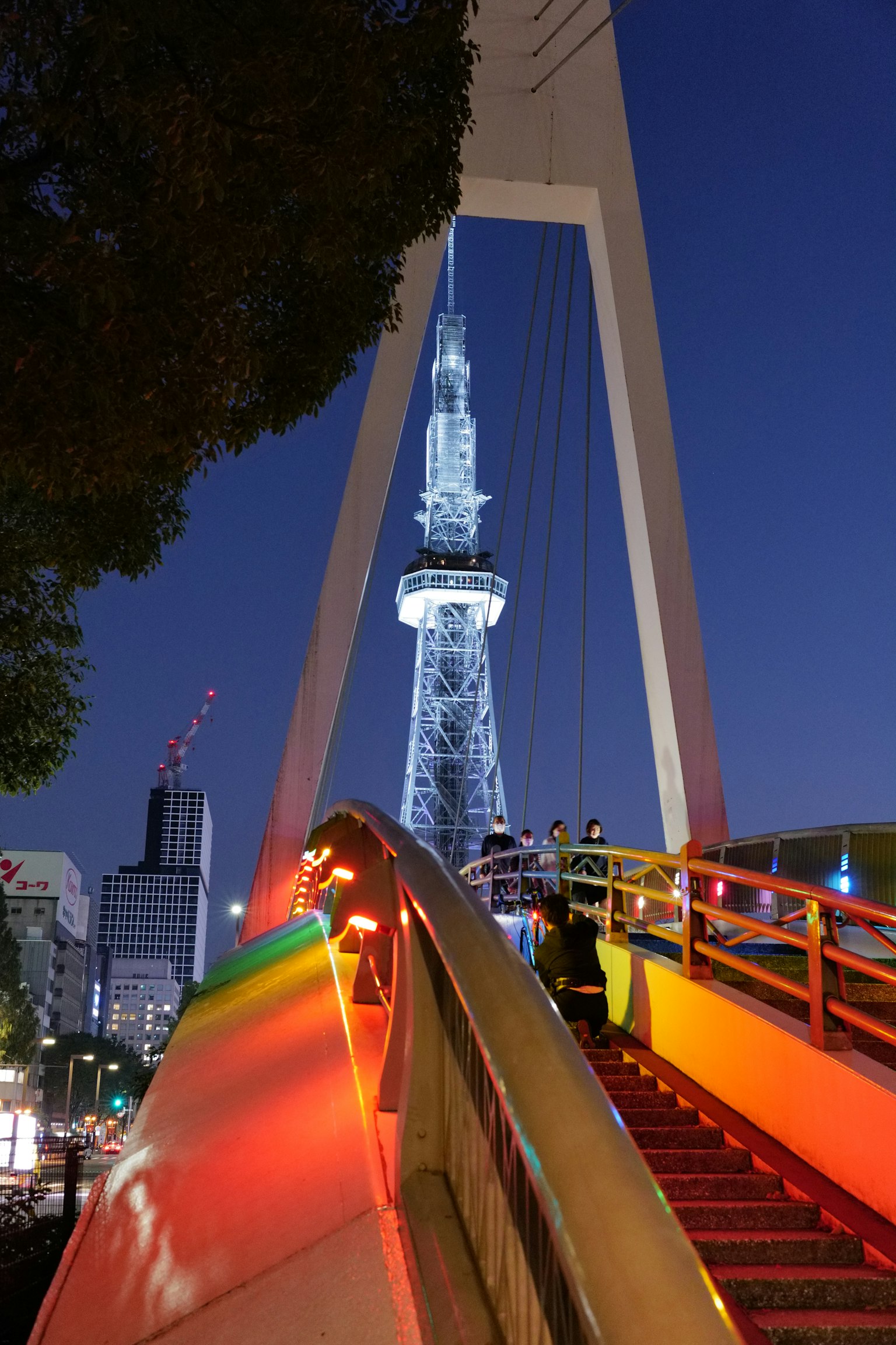 Vista del Tokyo Skytree illuminato di notte da un ponte vivace