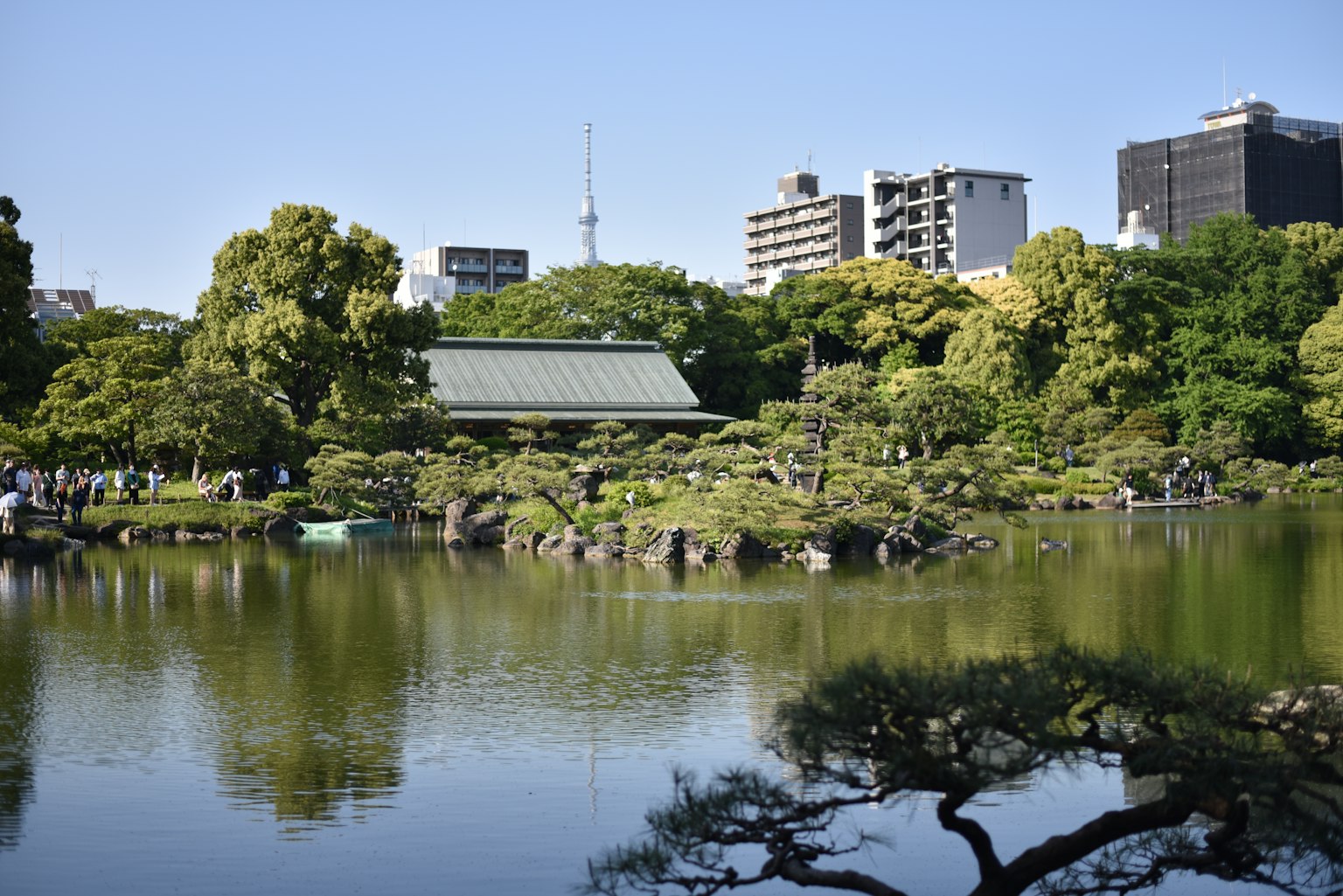 Ruhige japanische Gartenlandschaft mit einem Teich umgeben von Grün Hochhäuser im Hintergrund