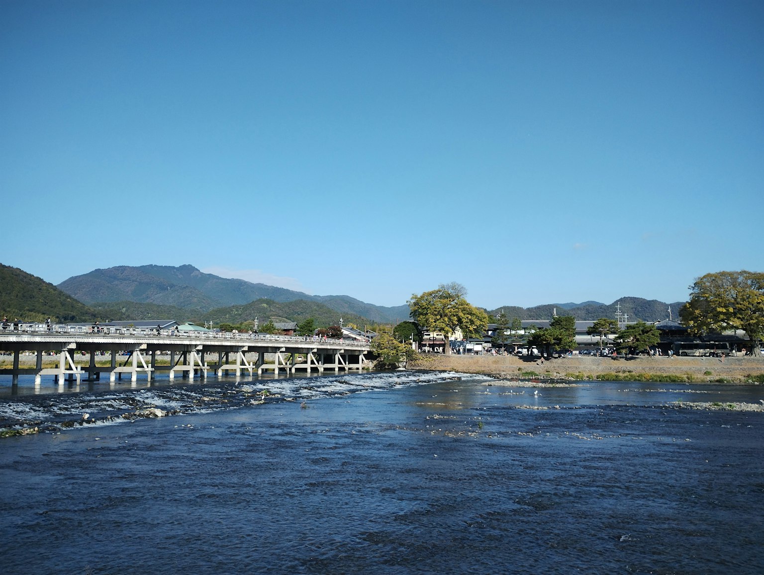 ทิวทัศน์ของแม่น้ำและภูเขาใต้ท้องฟ้าสีฟ้าสดใส มีสะพานและอาคารโดยรอบ