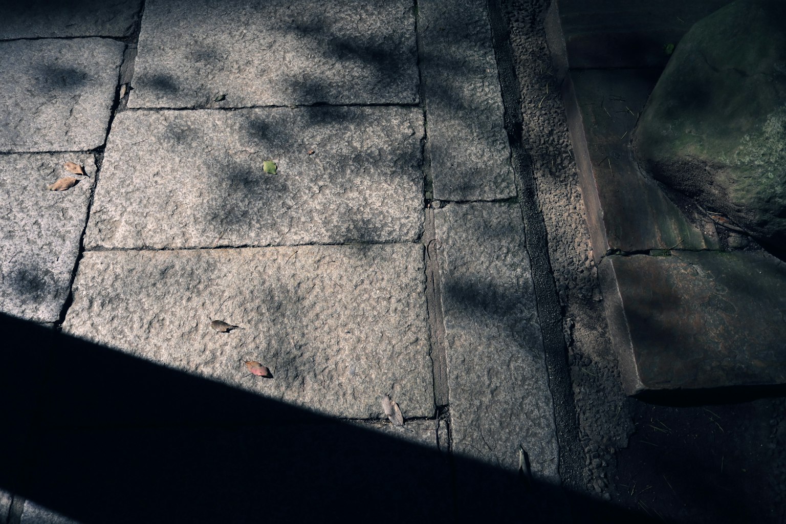Close-up of cobblestone pavement with shadows