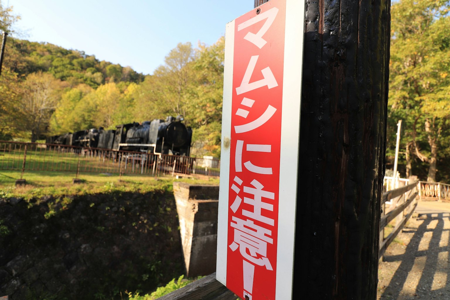 紅色警告標誌和背景中的蒸汽機車