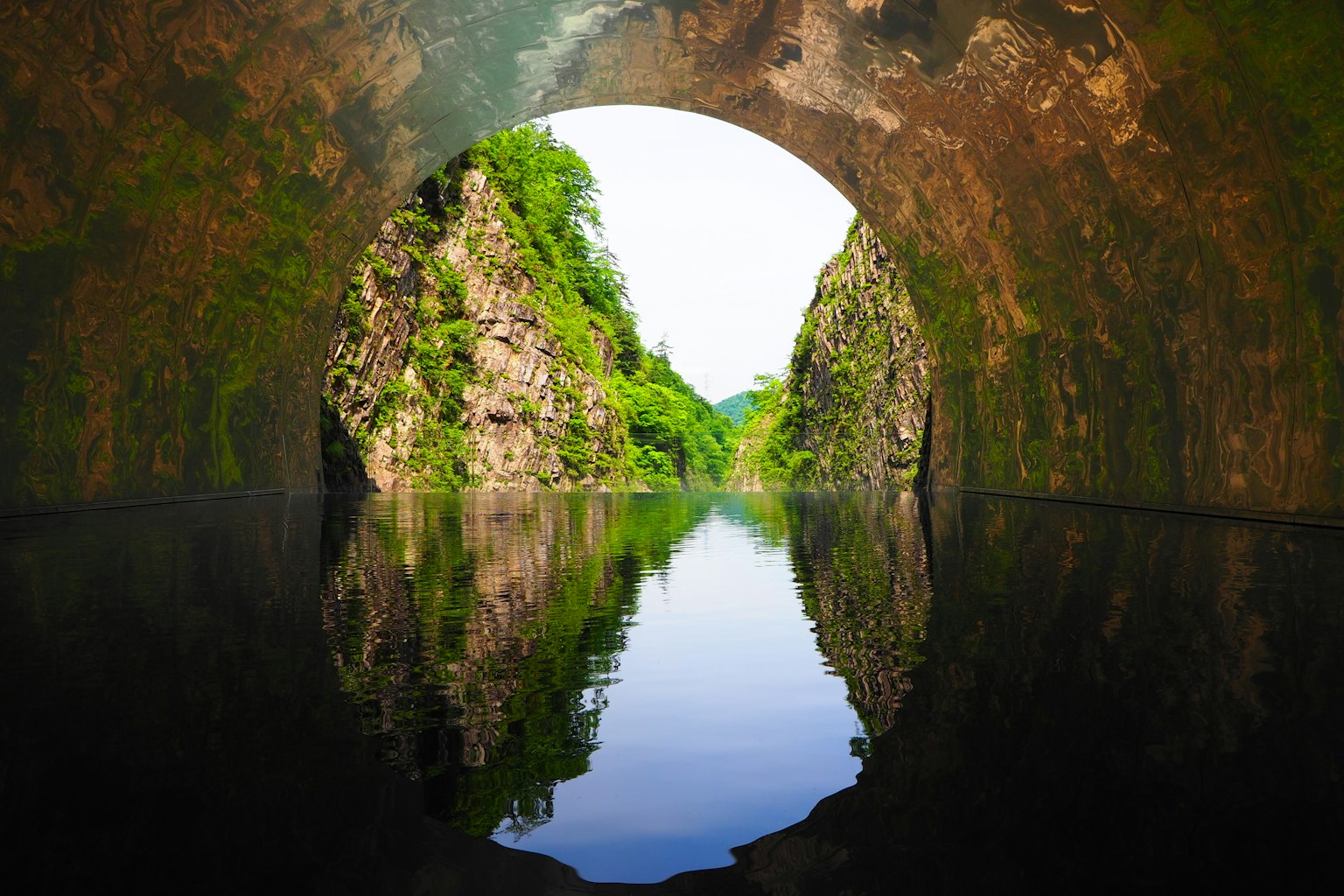 Vue à travers un tunnel circulaire révélant une verdure luxuriante et le reflet de l'eau