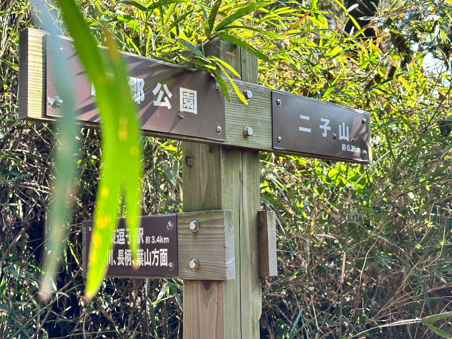 被綠色環繞的公園標誌，指向二子山的方向