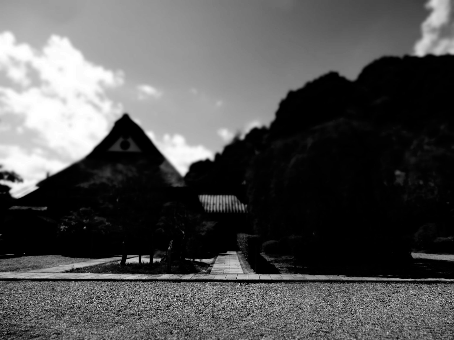 บ้านและสวนแบบดั้งเดิมในภูมิทัศน์ขาวดำ