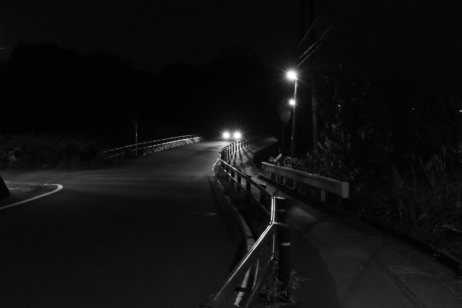 夜间弯曲的道路和街灯