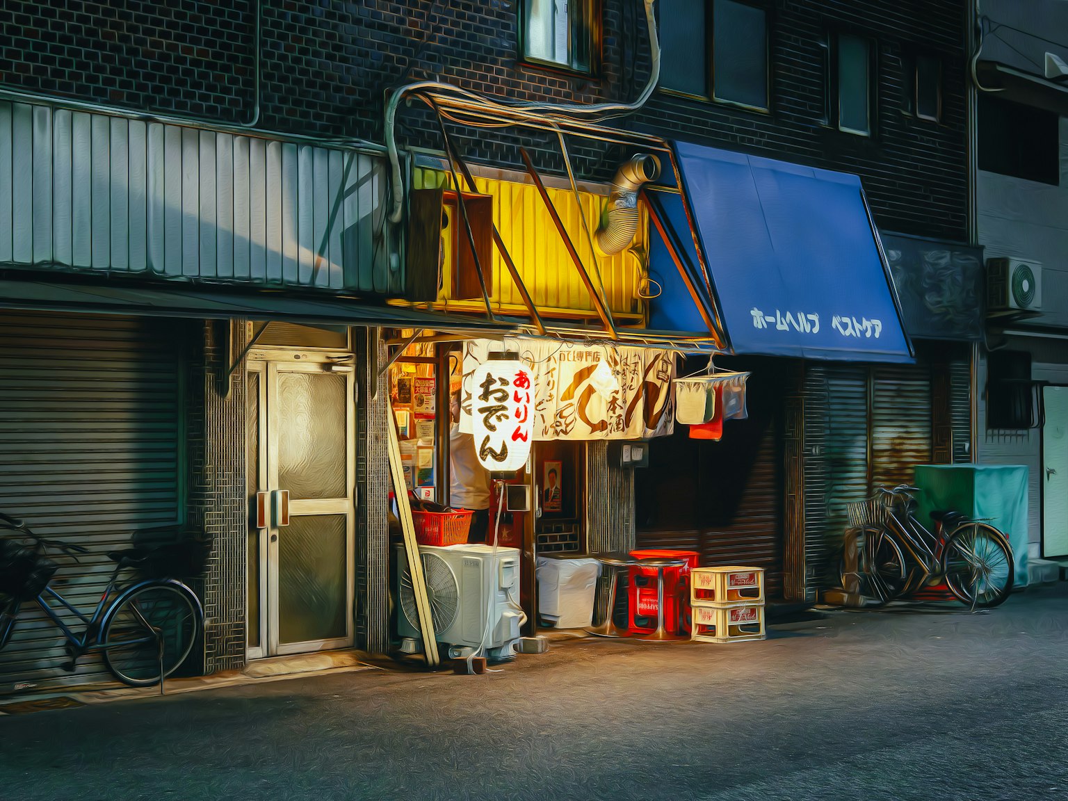 昏暗街道上的餐廳外觀 明亮的燈光和顯眼的招牌