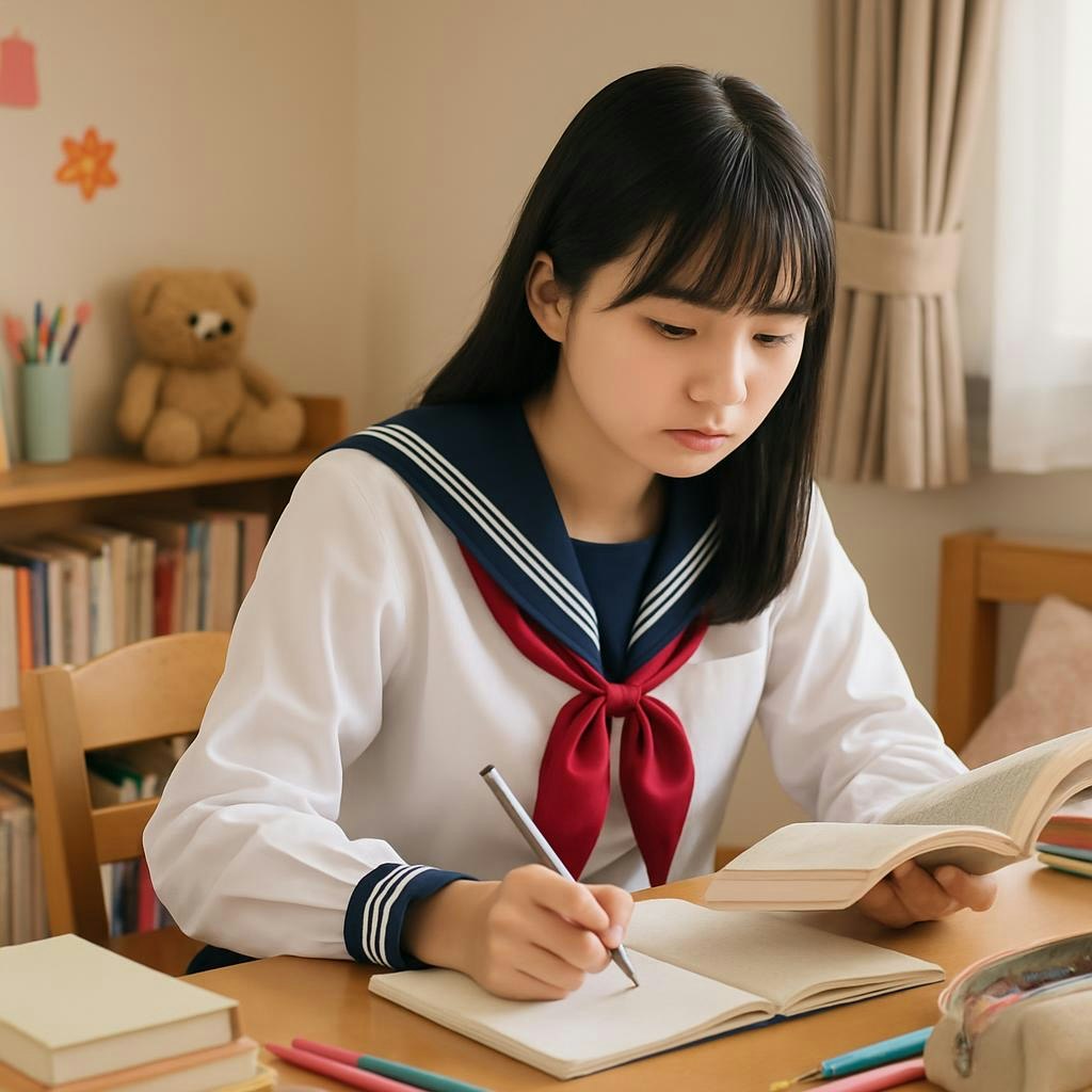 自室で勉強する制服姿の女子生徒がノートに書き込む様子