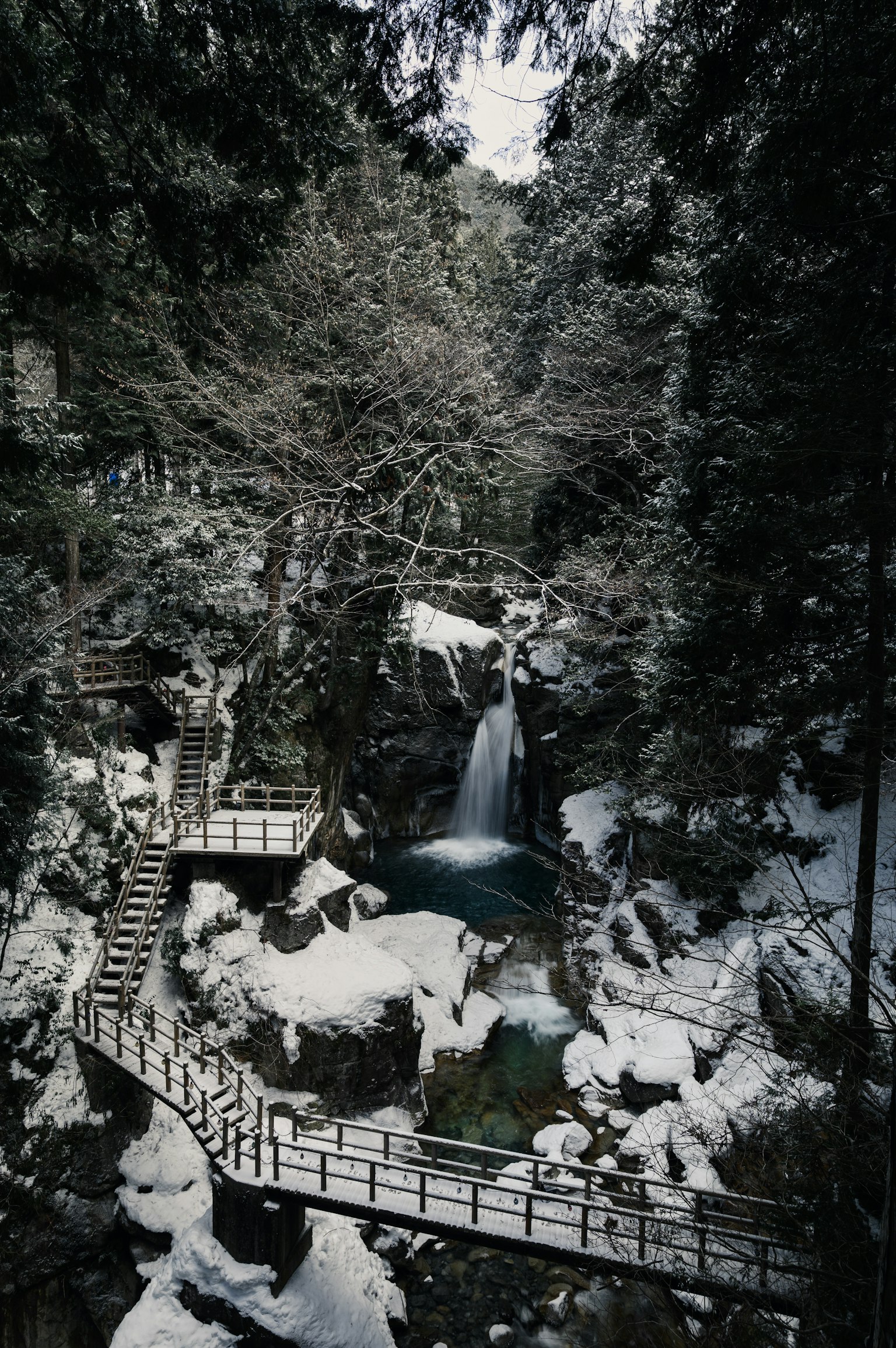 Escaliers en bois dans un paysage enneigé avec une cascade et des arbres
