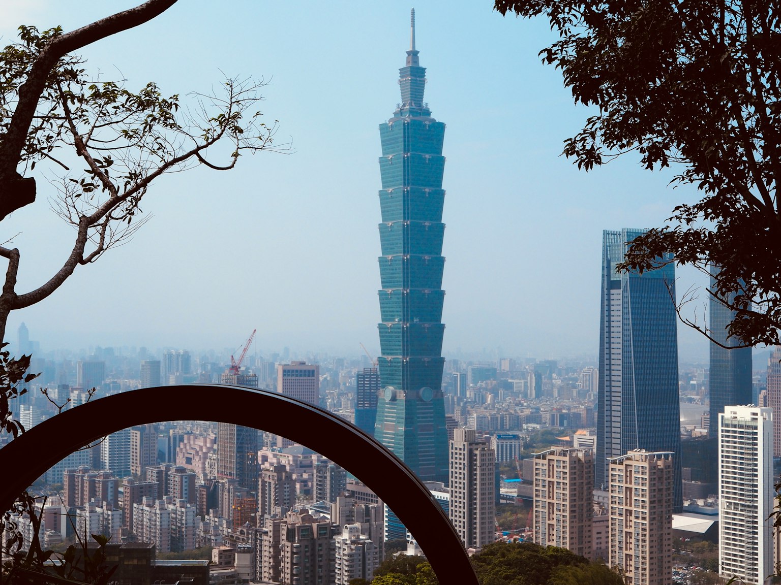 Panorama urbano con la torre Taipei 101 circondata da vegetazione