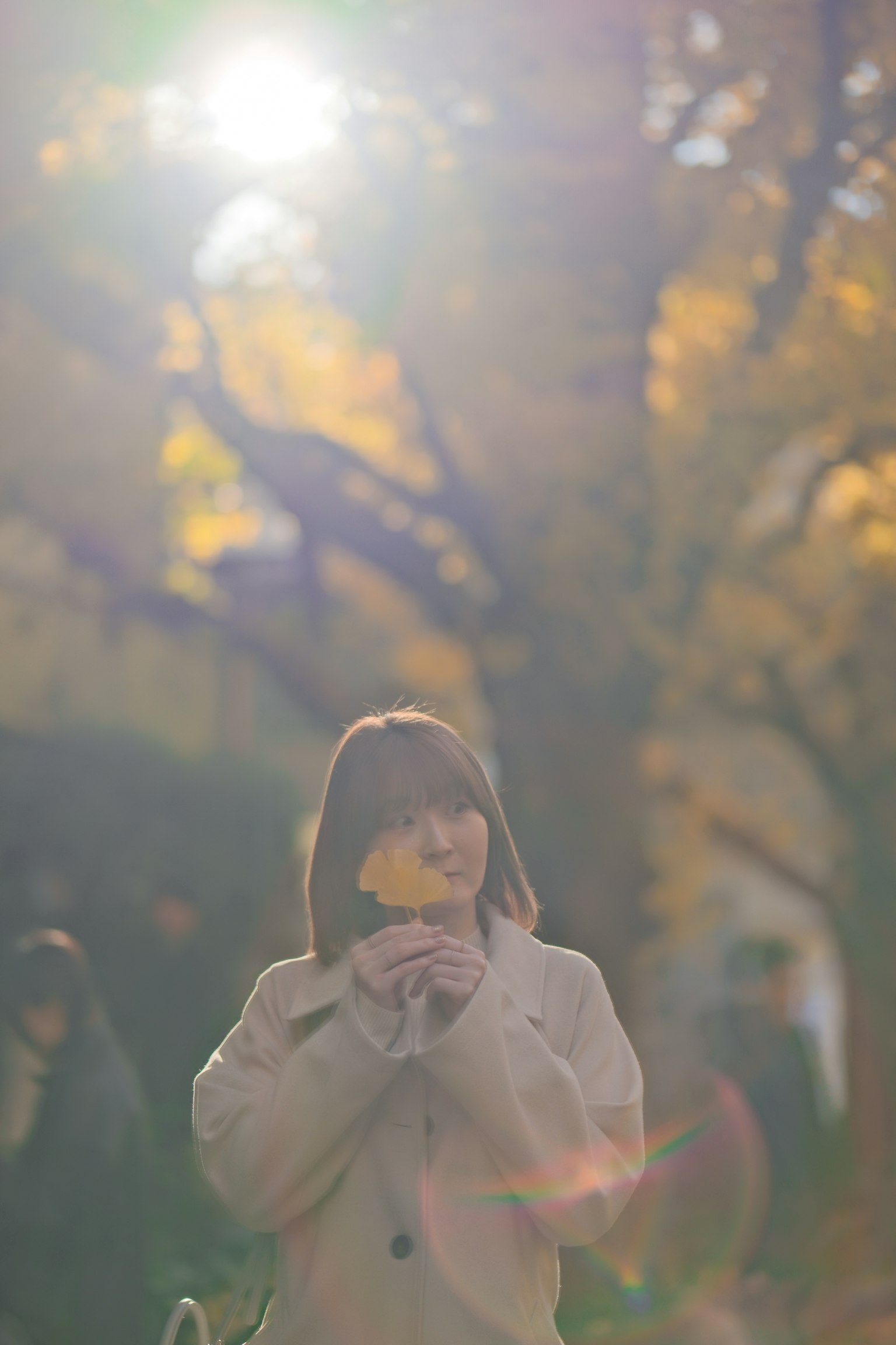 秋天公園中手持樹葉的女性柔和肖像