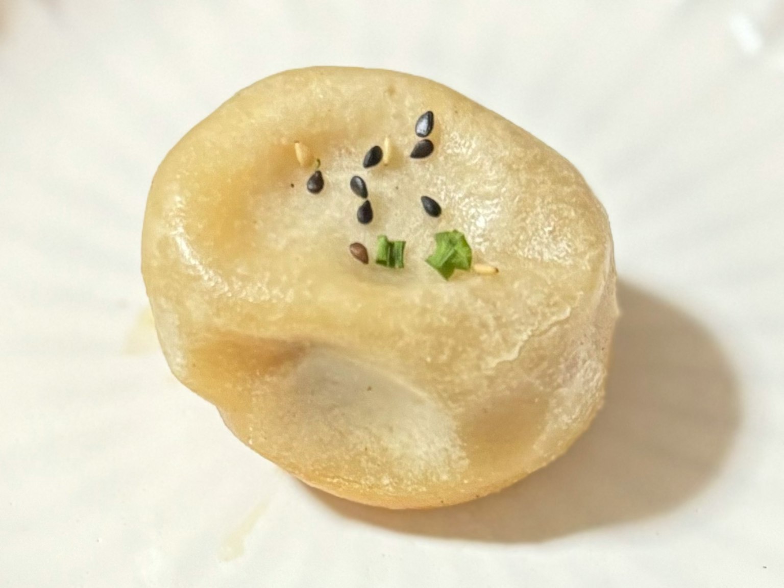 白色盘子上的圆形饺子状食品，上面撒有黑芝麻和青葱
