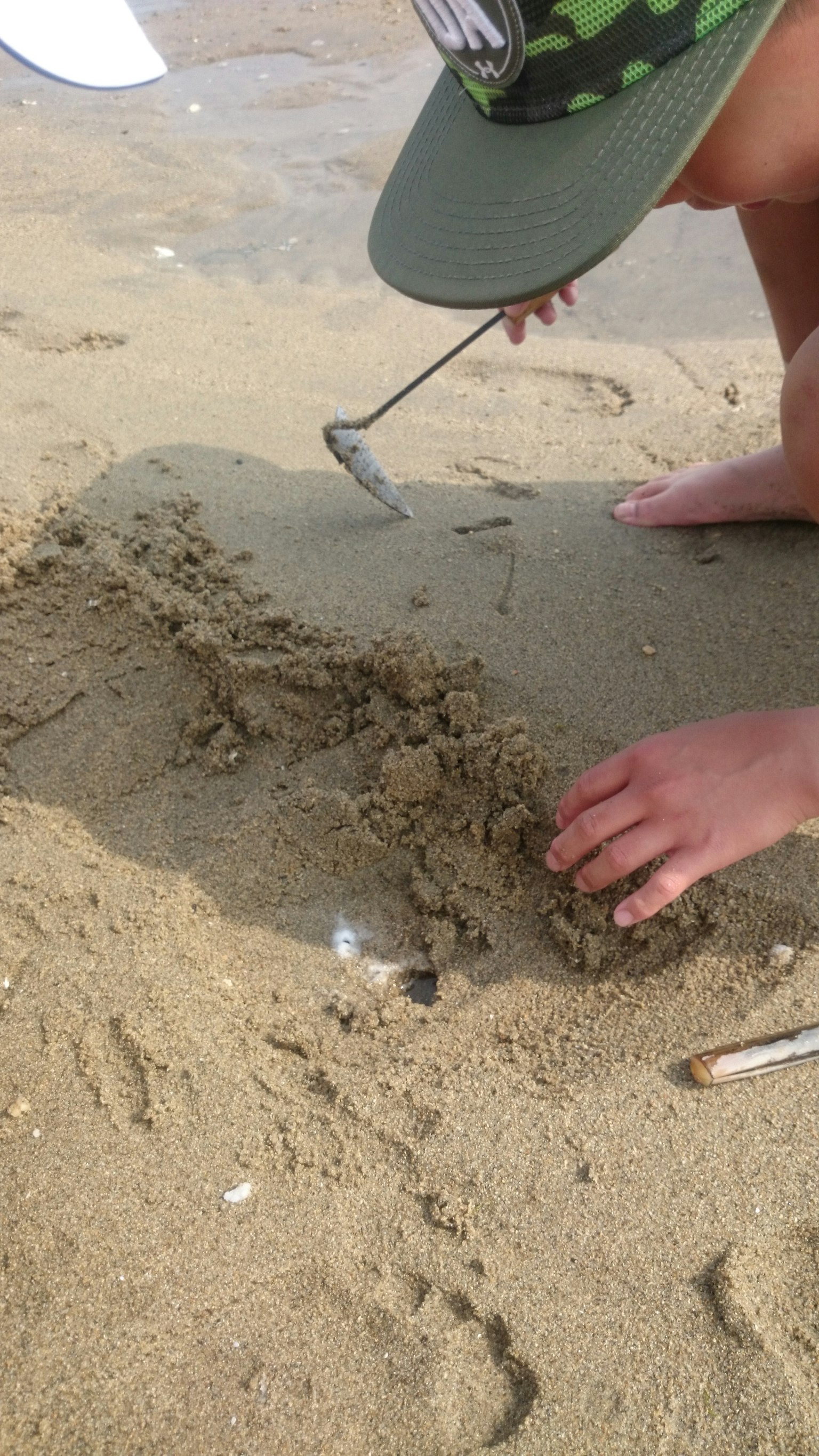 Personne creusant dans le sable sur une plage avec un outil