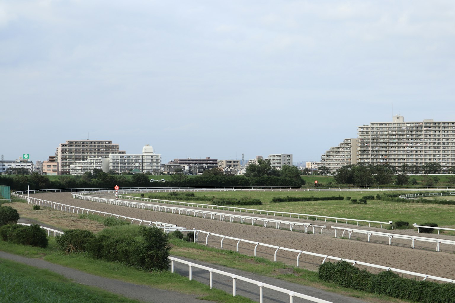 Landscape featuring a racecourse and city skyline