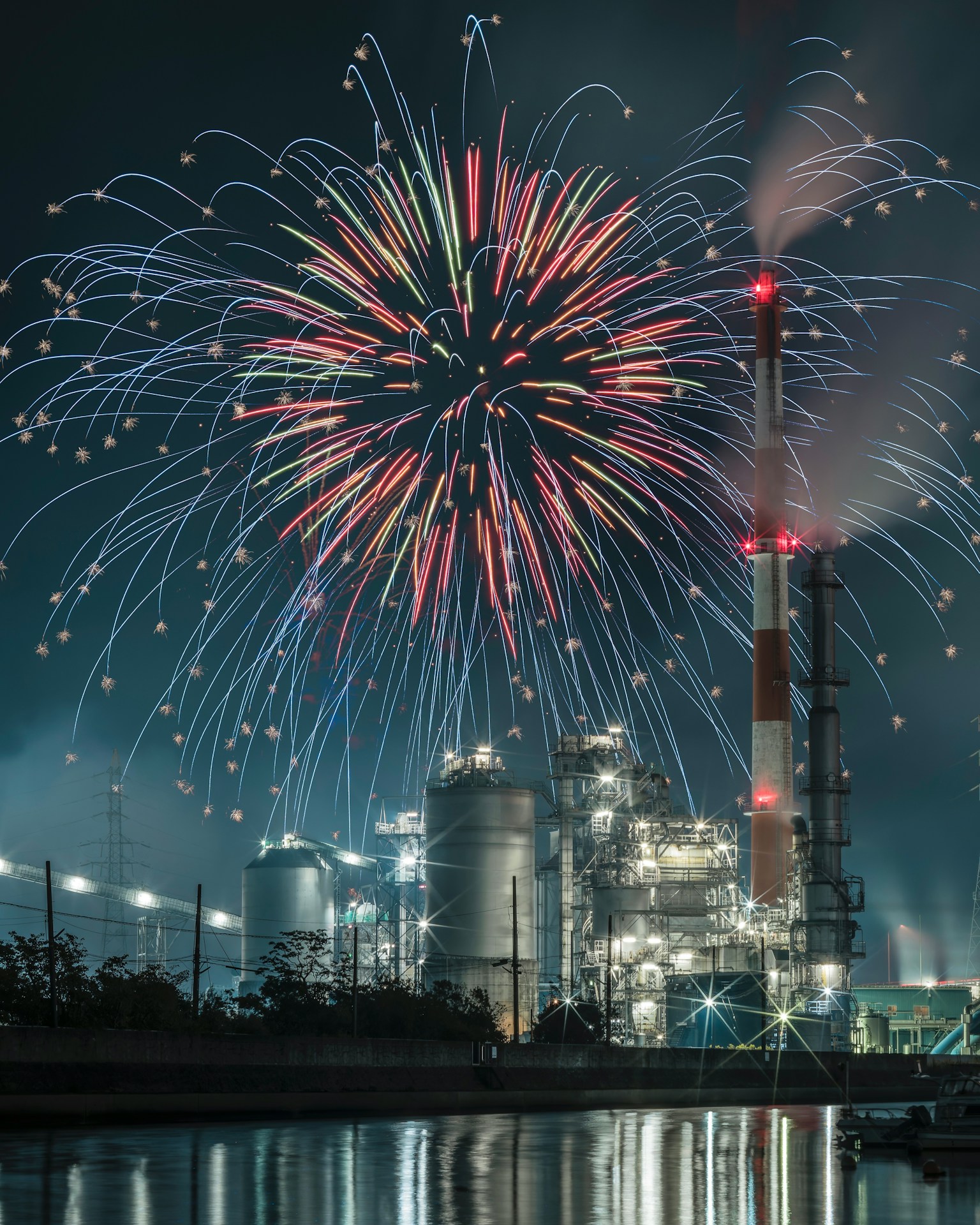 Scène nocturne avec des feux d'artifice au-dessus d'une usine industrielle