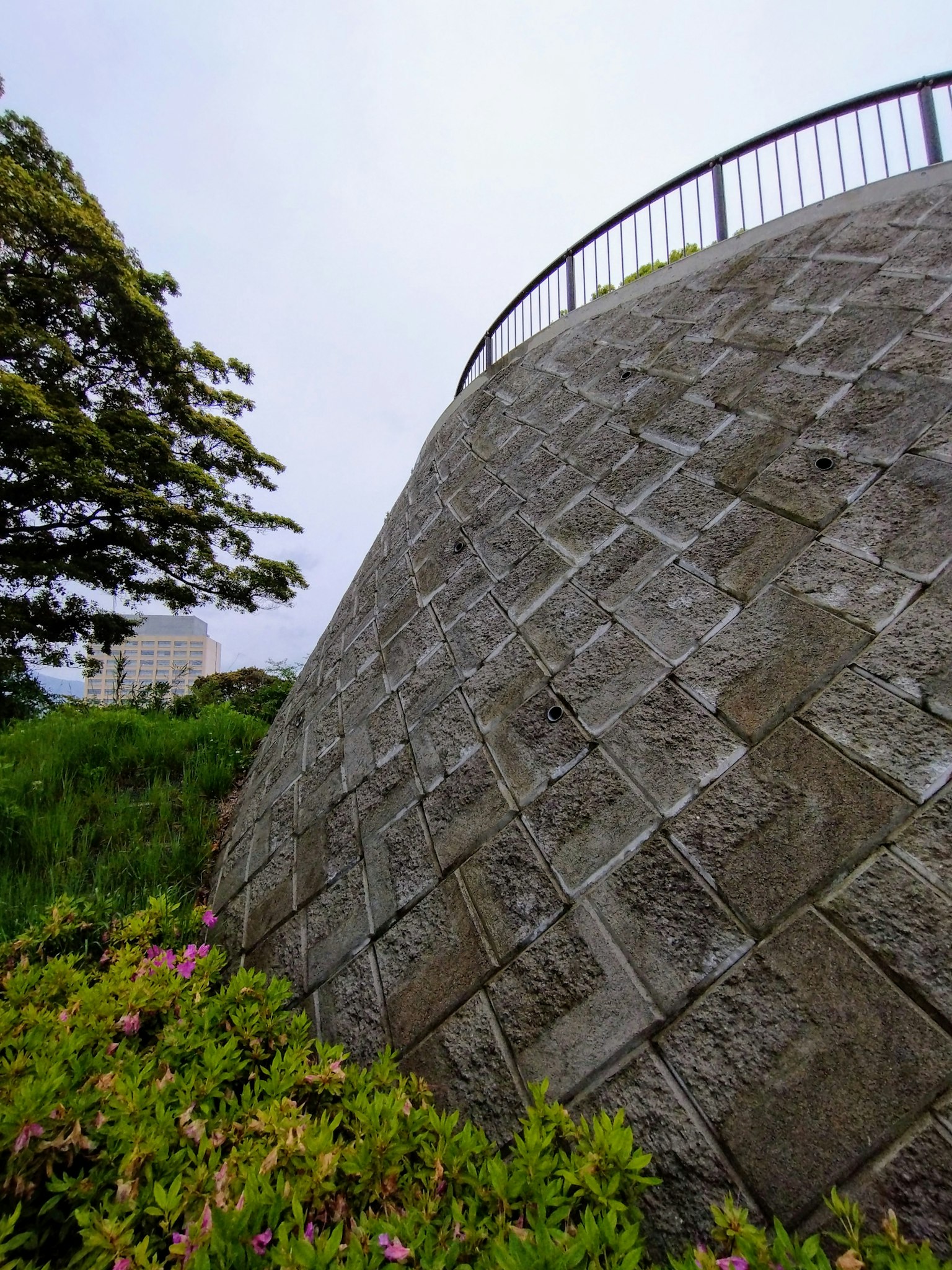 Mur courbé en pierre avec de la verdure et une balustrade au premier plan
