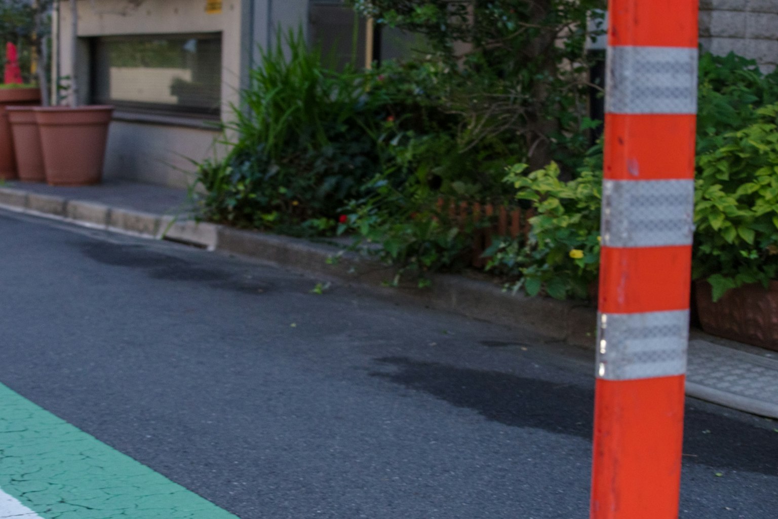 Scena di strada con un palo a strisce rosse e bianche e una pista ciclabile verde