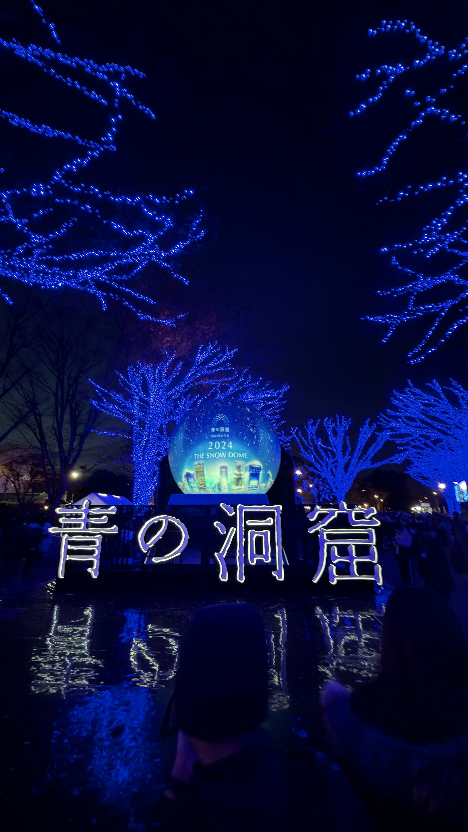 夜晚的青之洞窟，蓝色灯光闪烁