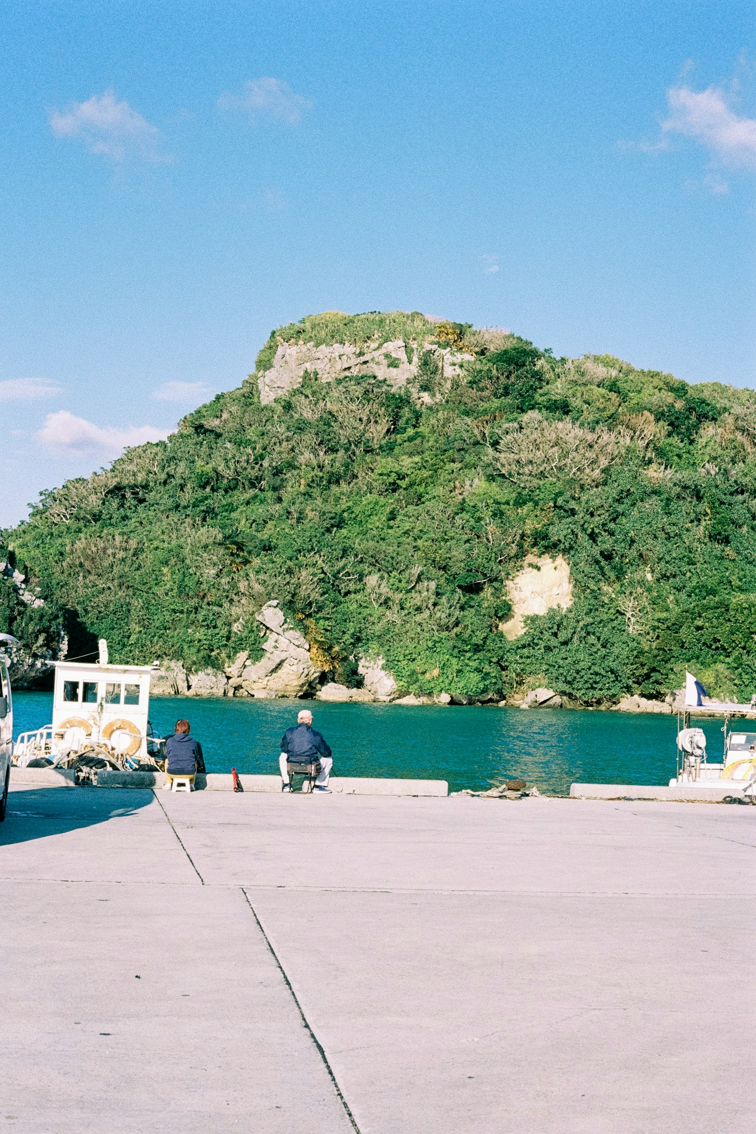 Una scena di porto tranquilla con acqua blu e una collina verde lussureggiante