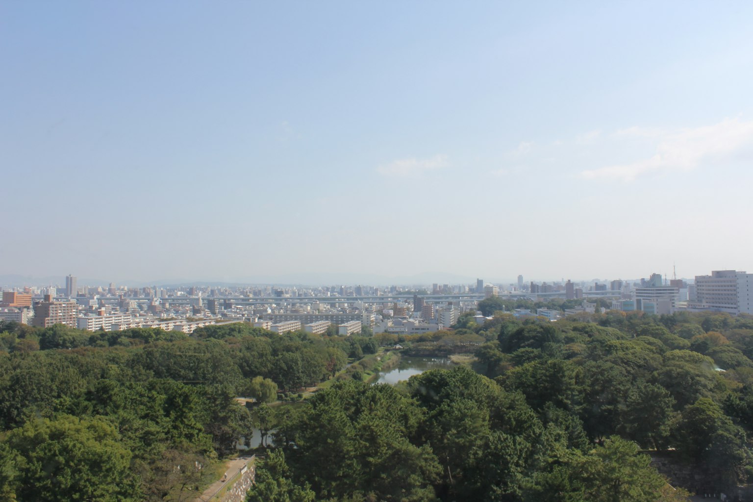 Parc verdoyant avec un skyline urbain en arrière-plan