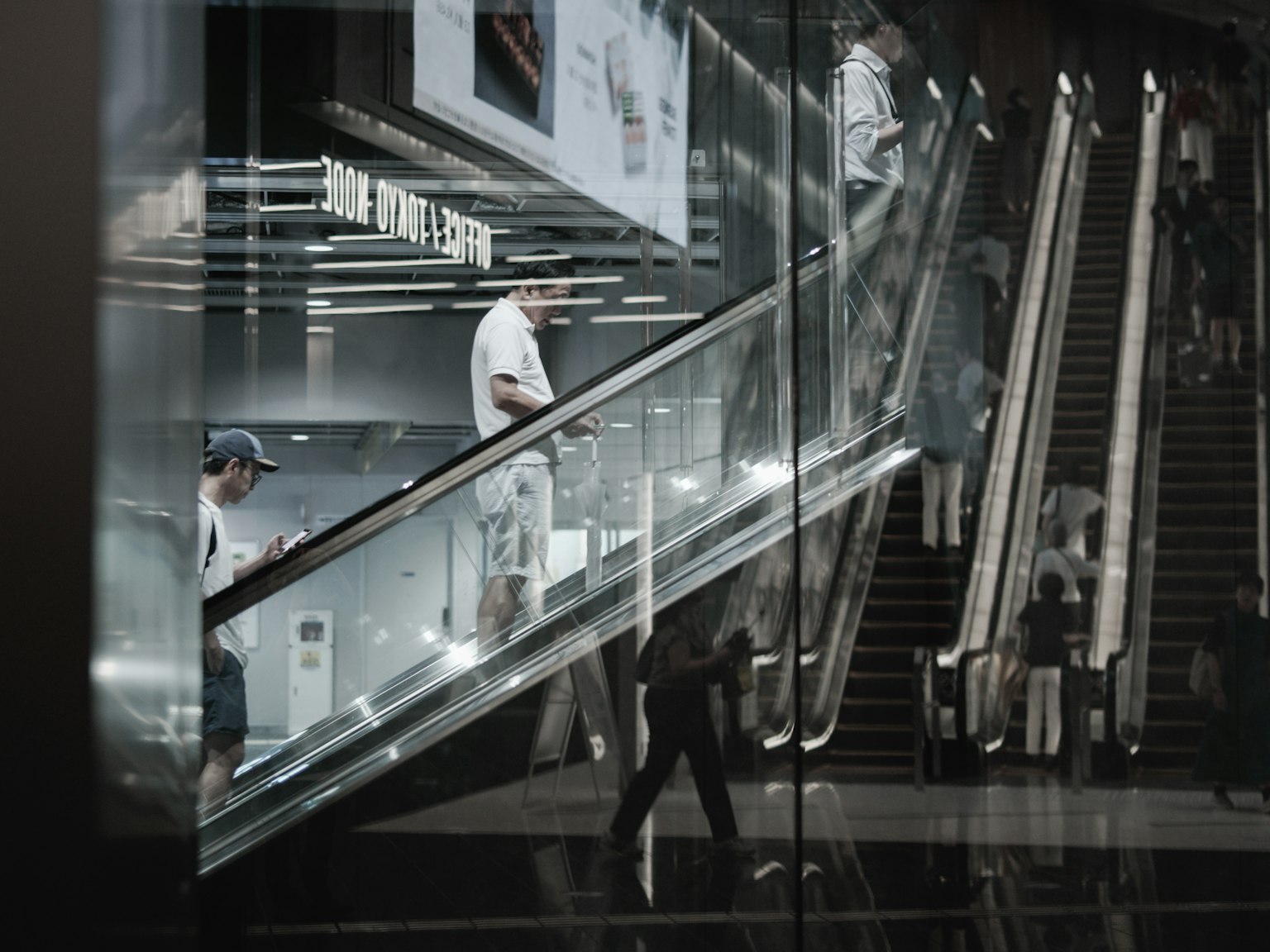Modern building interior featuring glass escalators and people