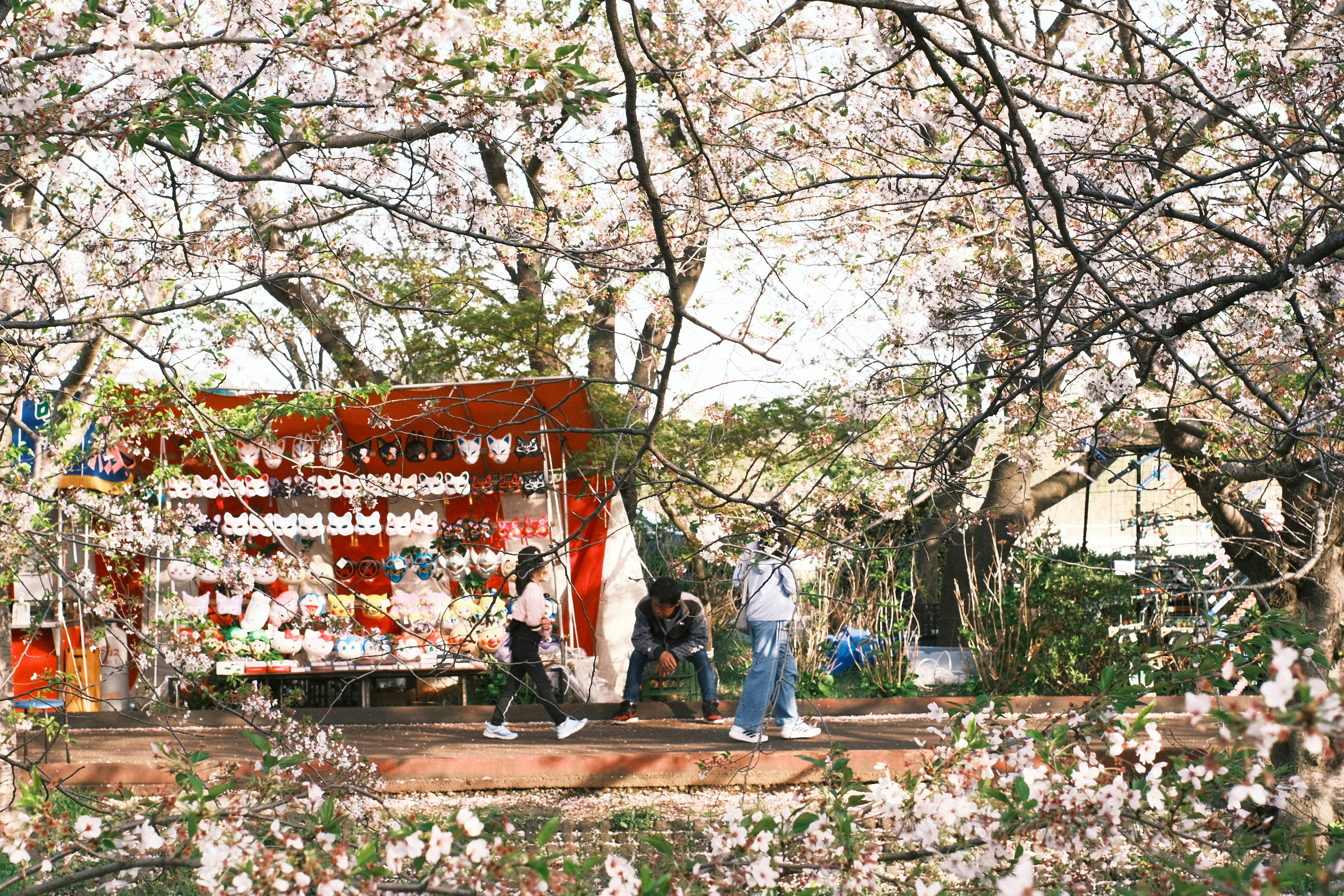 桜の木の下にある屋台風の飾りと提灯