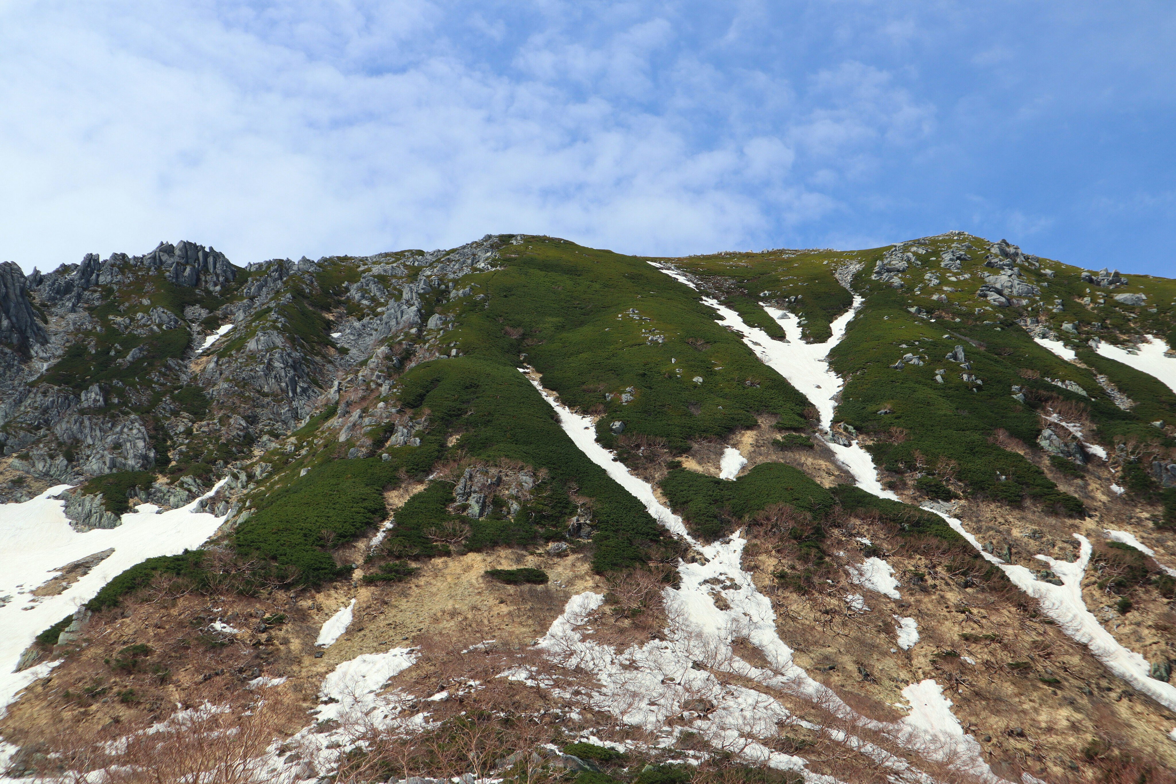 宝剣岳と千畳敷カールの雪渓が続く山稜の絶景