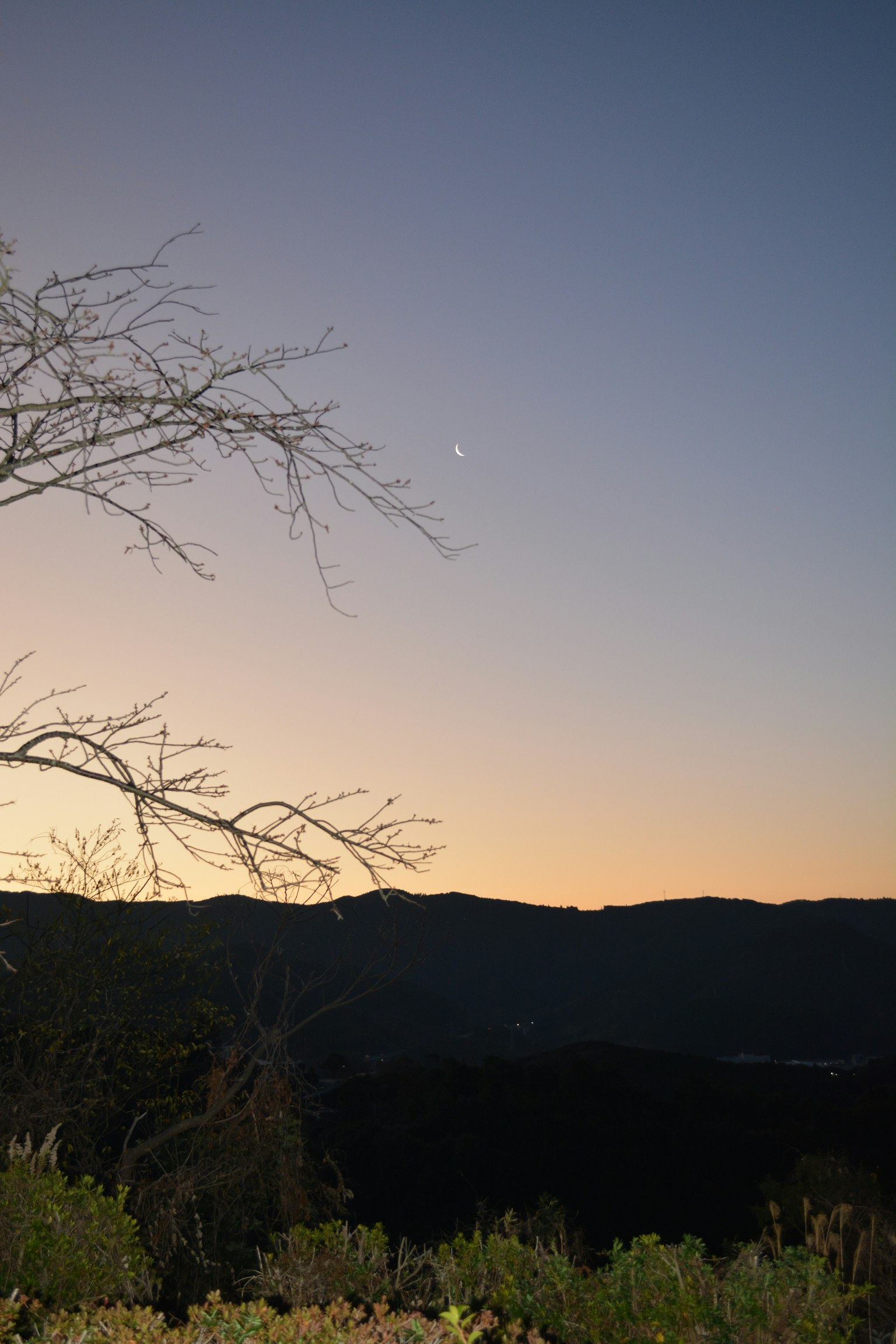 黄昏天空中可见的月亮和星星在山上方