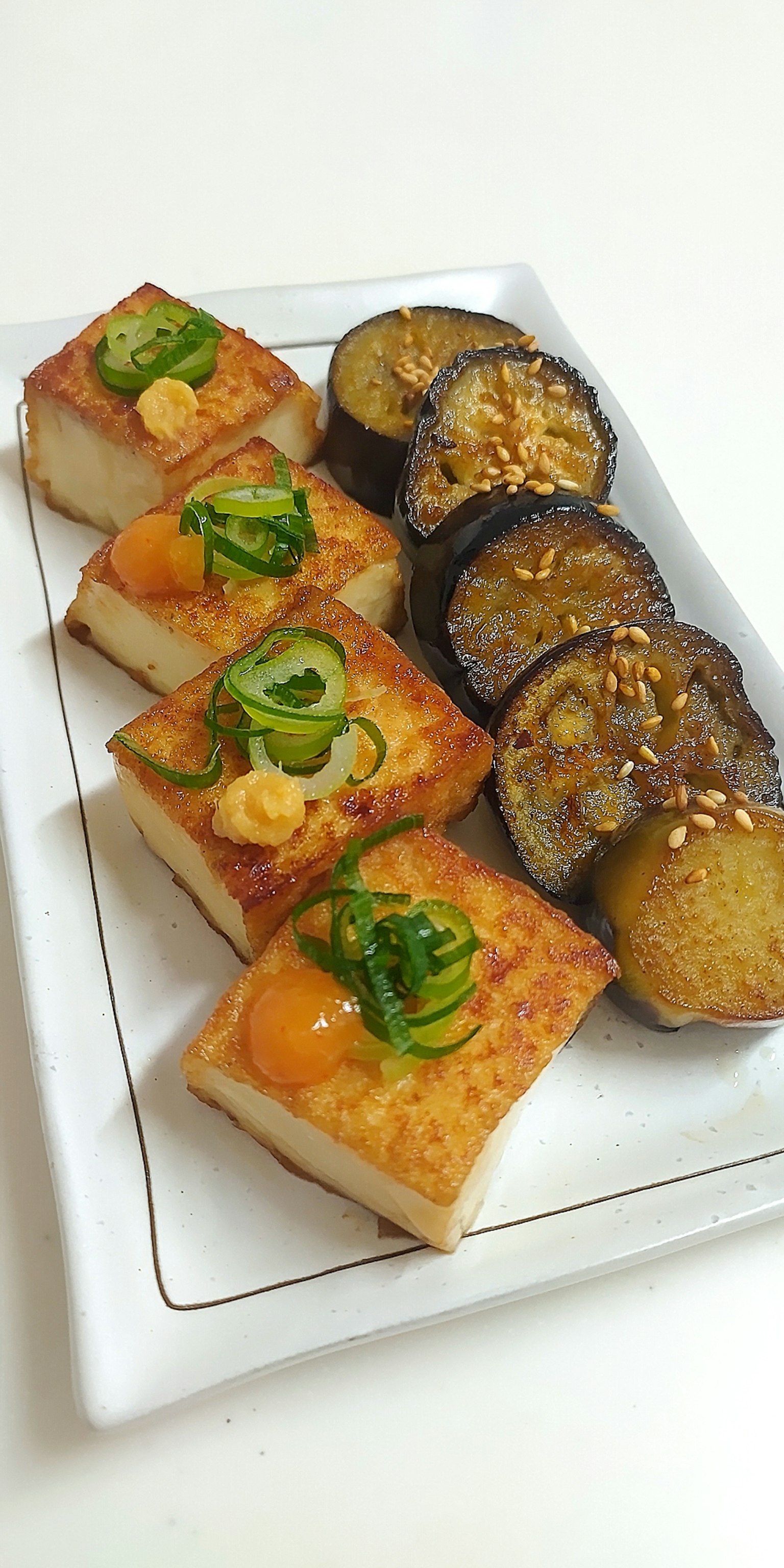 Tofu grillé délicieux garni d'oignons verts et d'aubergines au sésame