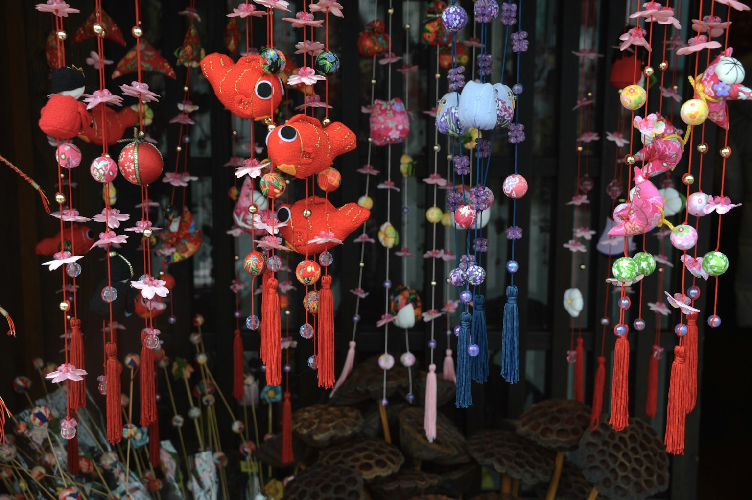 Colorful decorations hanging with fish and flowers