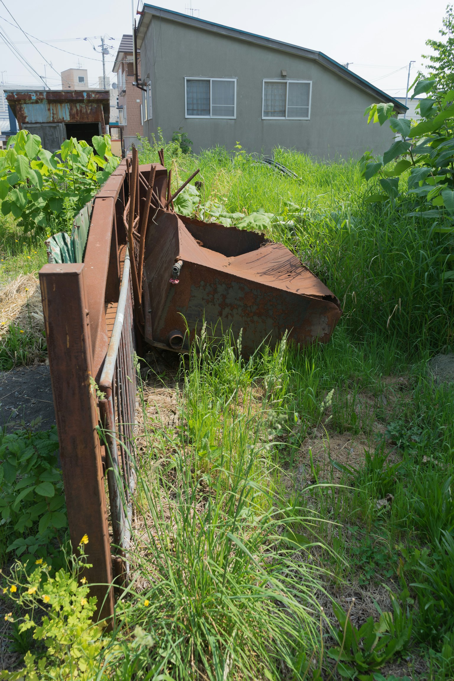 Rusty metal structure surrounded by overgrown green grass