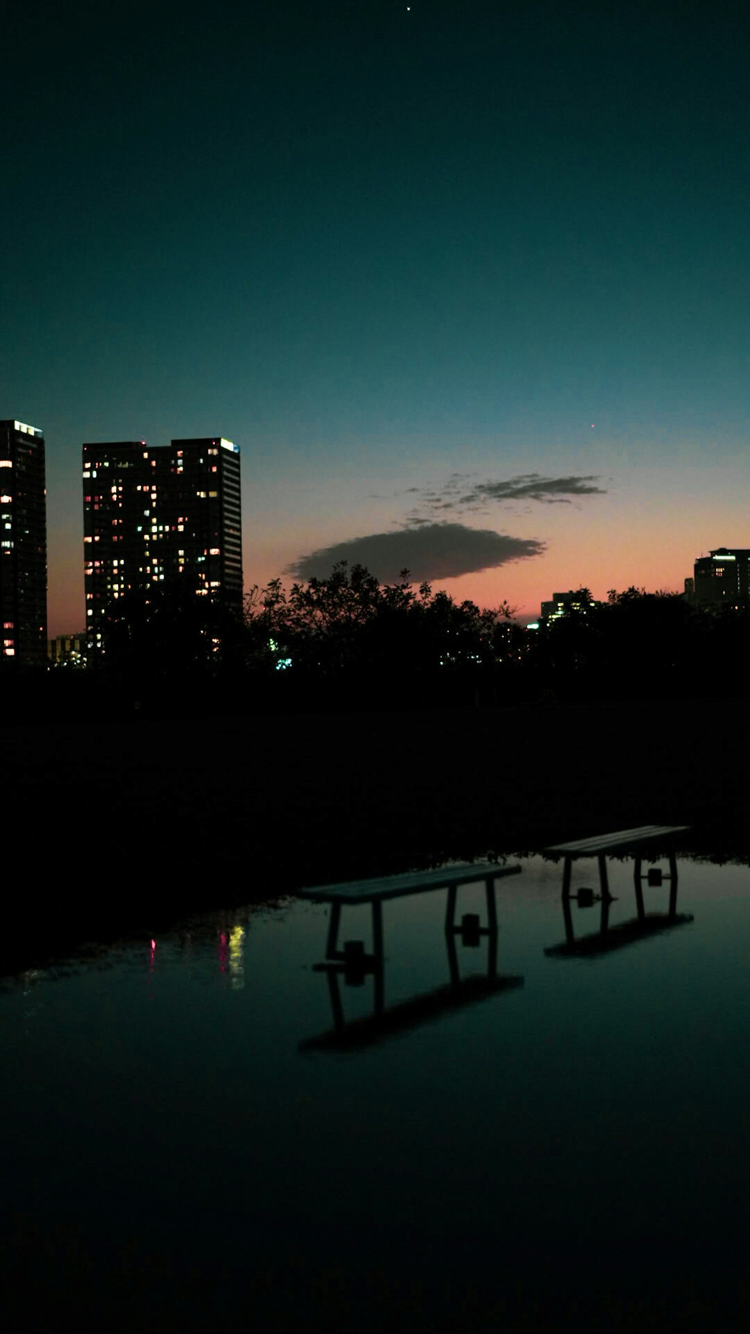 Silhouette bangunan kota di malam hari dengan jembatan yang terpantul di air
