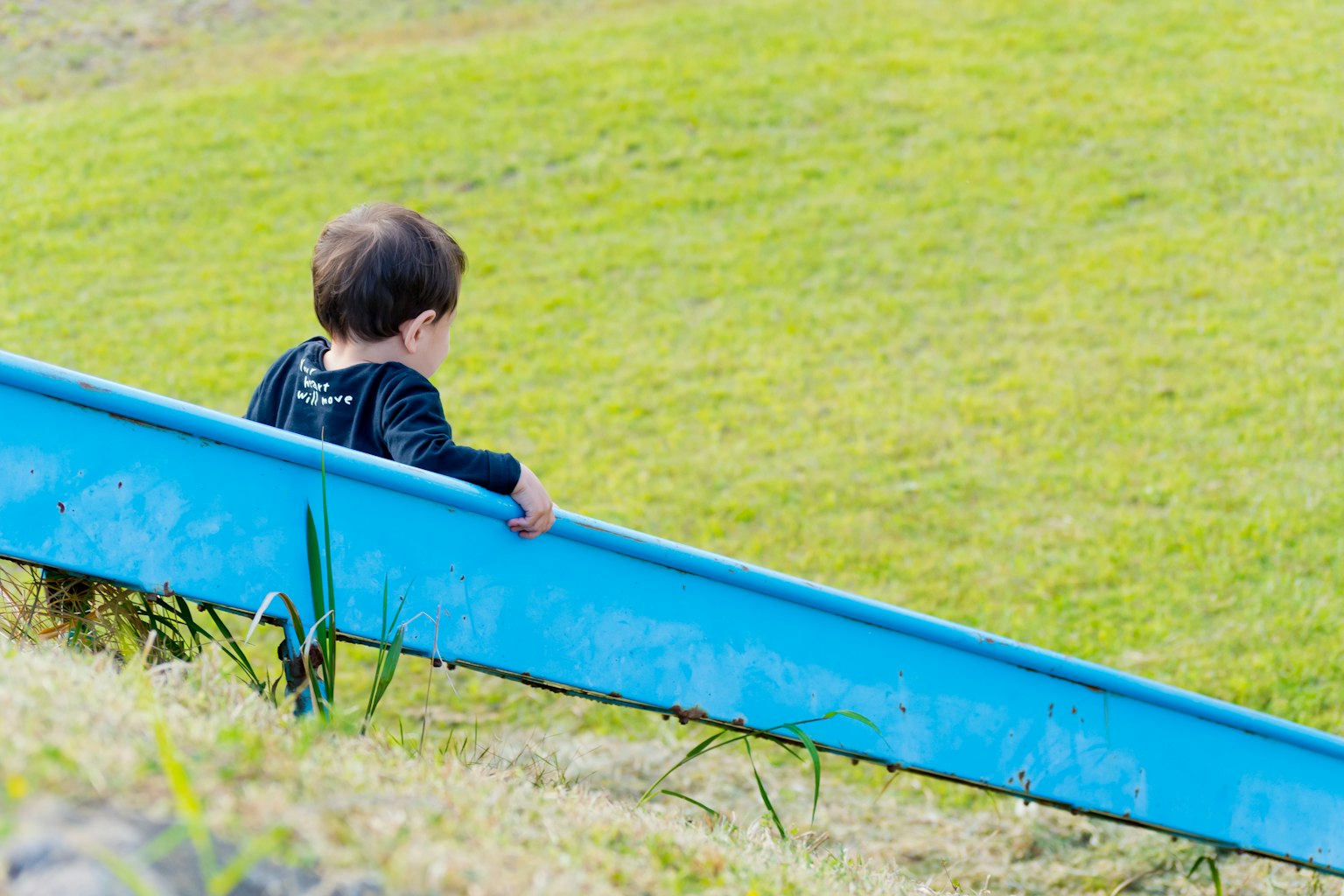 Bambino che scivola giù da uno scivolo blu con erba verde sullo sfondo